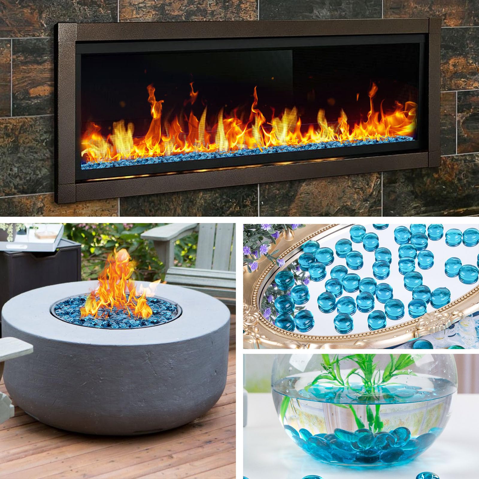 DomeStar 10LB Blue Fire Glass Rocks - Reflective Round Fire Pit Crystals for Natural Gas & Propane Fire Pits - Perfect for Outdoor Patio, Backyard Landscaping & Fireplace Decor