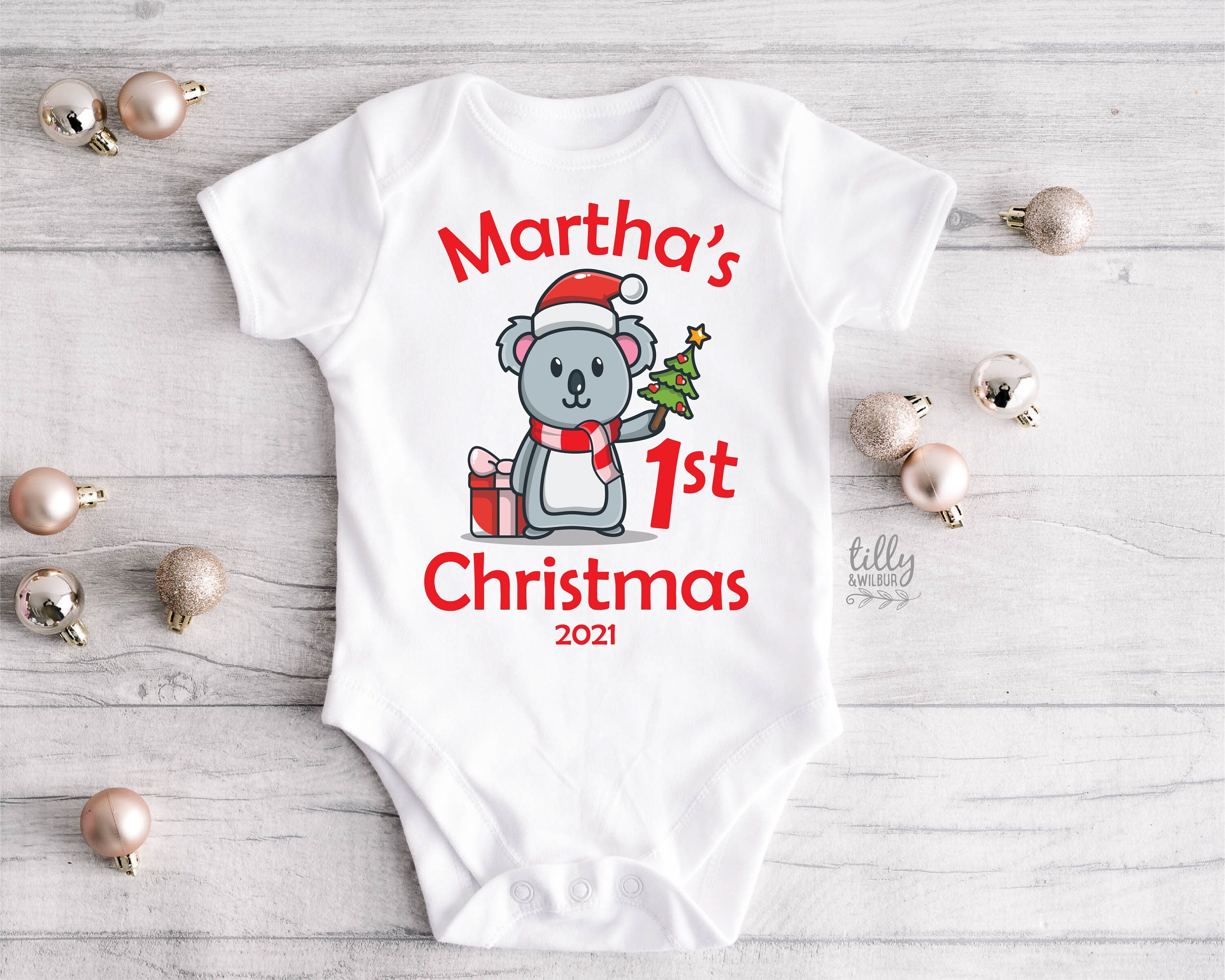 Personalized 1st Christmas Baby Onesie with Custom Name - Holiday Photo Outfit, Newborn Keepsake Gift for Christmas Morning & Family Portraits