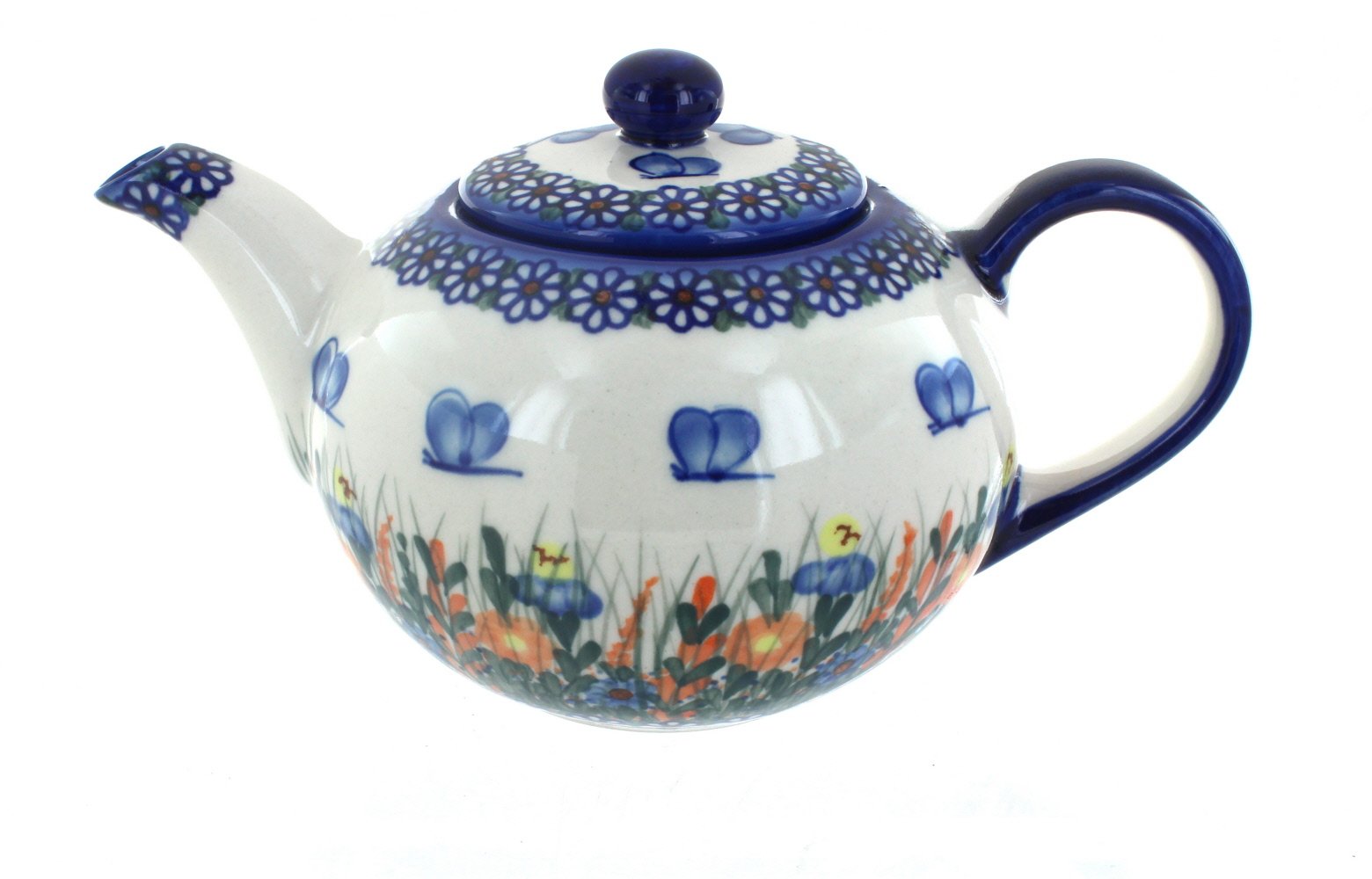 Handmade Blue Rose Polish Pottery Teapot with Spring Butterfly Design - Large 40oz Ceramic Teapot for Tea Lovers, Perfect for Afternoon Tea, Garden Parties & Home Decor