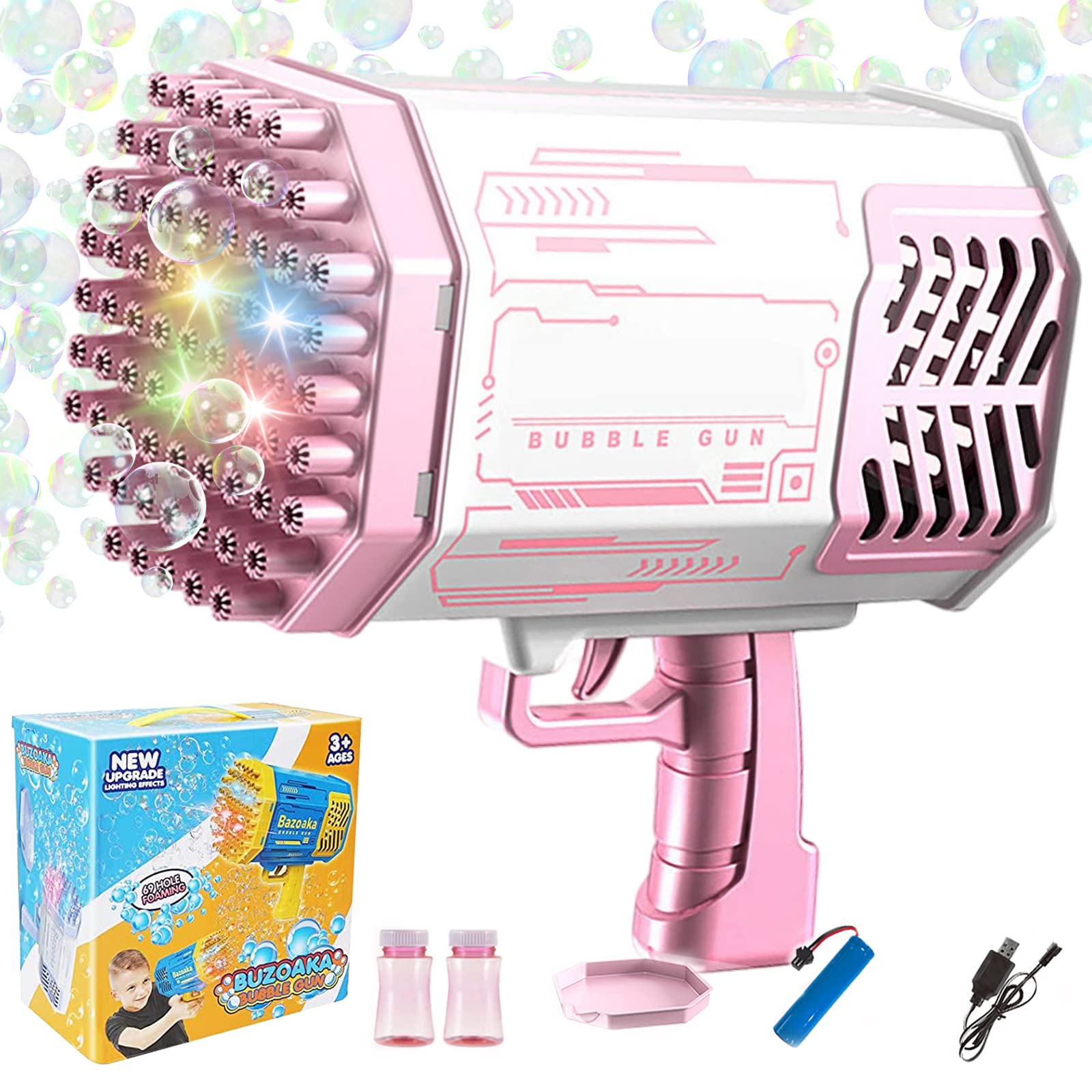 Bazooka Bubble Blaster Toy - Automatic Bubble Machine with LED Lights & 69 Bubble Wands - Fun Outdoor/Indoor Bubble Gun for Kids Ages 3-7 - Perfect Birthday Gift for Boys & Girls (Pink) - Great for Parties, Backyard Play & Summer Activities