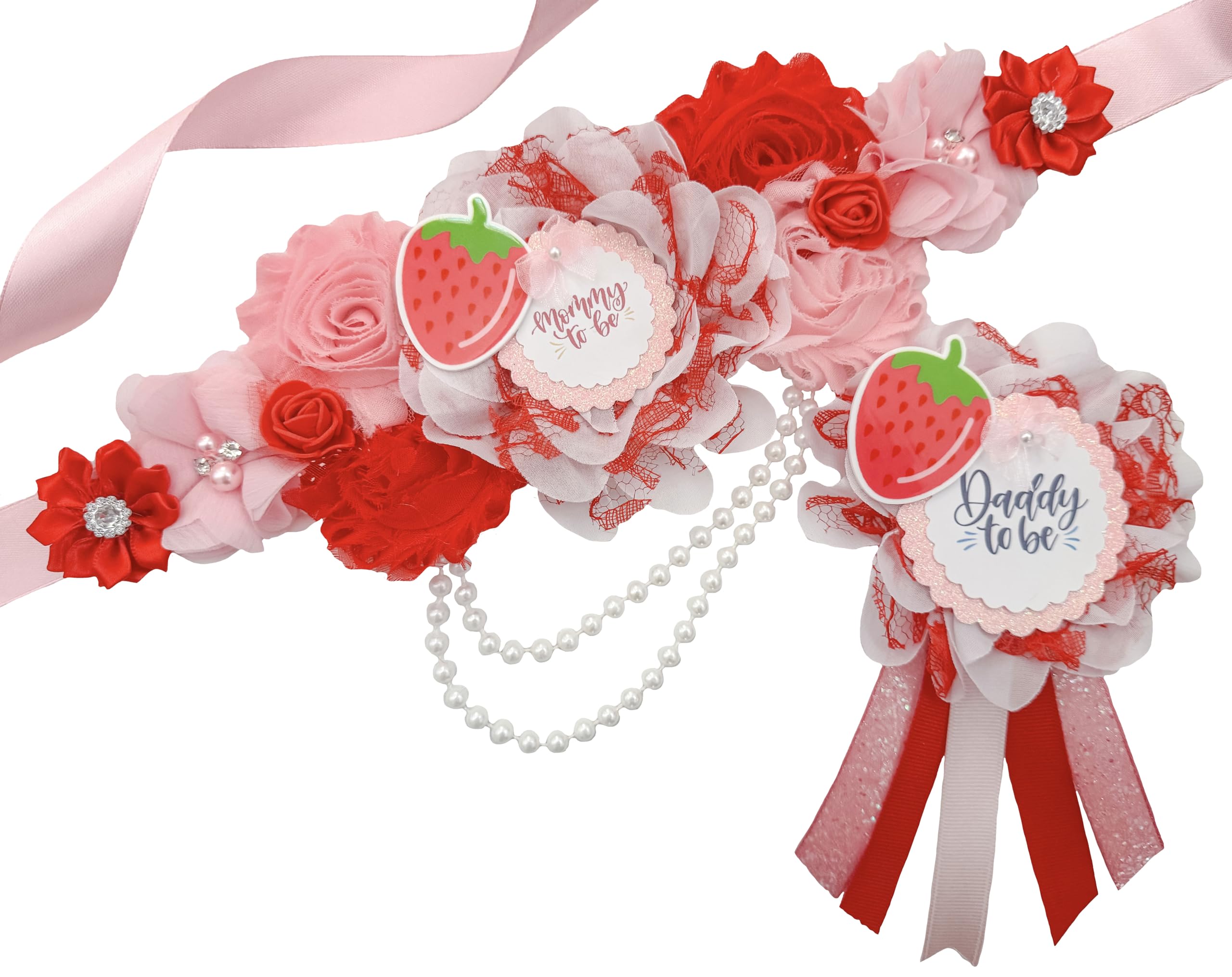 Pink and Red Strawberry Baby Shower Sash for Mom to Be - Matching Dad Pin Included | Perfect for Gender Reveal Parties, Maternity Photos & Baby Showers
