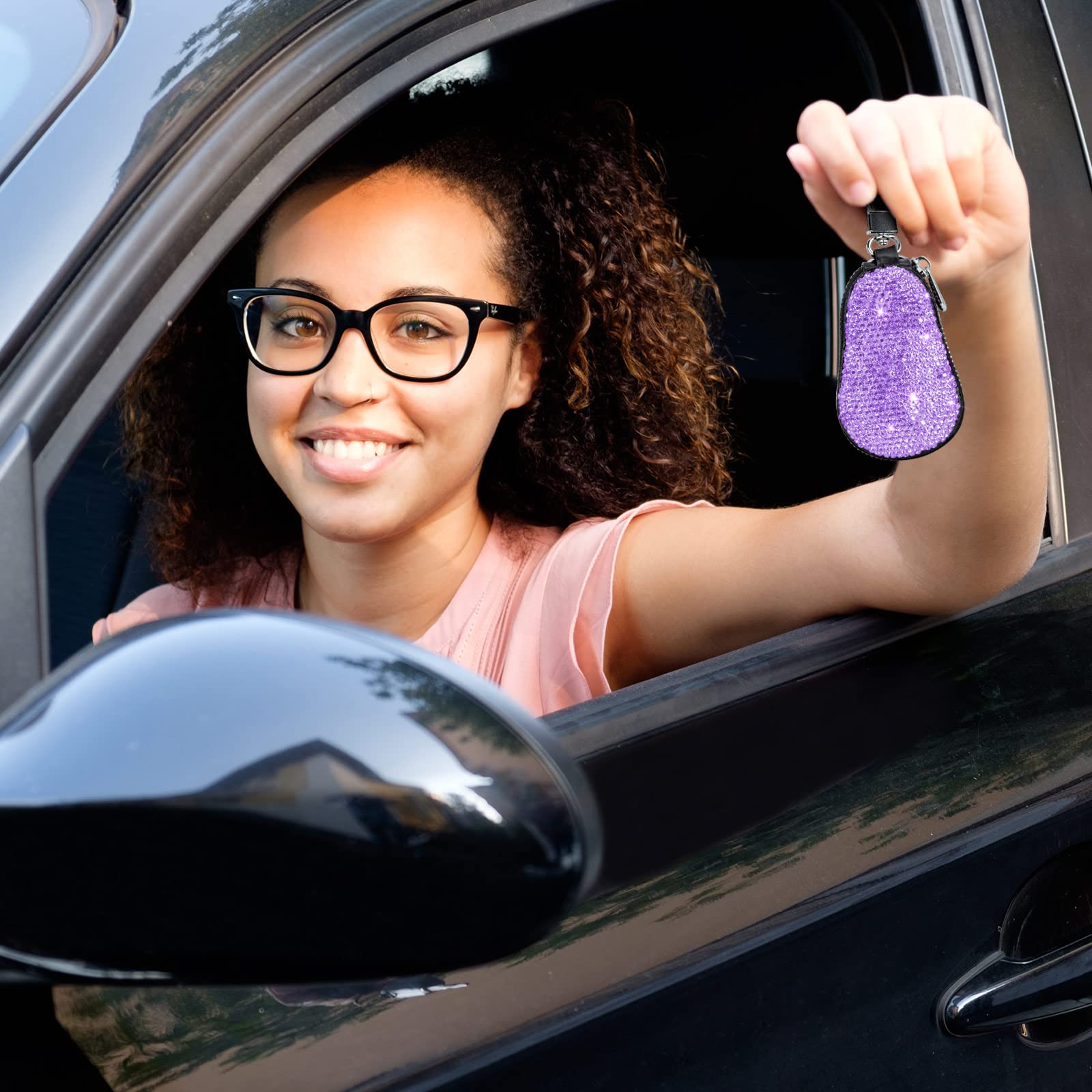 5-Pack Purple Leather Car Key Case with Metal Hook & Keyring - Zipper Pouch for Remote Key Fobs, Bling Keychain Holder - Women's Handbag Charms & Purse Accessories (Great for Key Organization & Gift Giving)