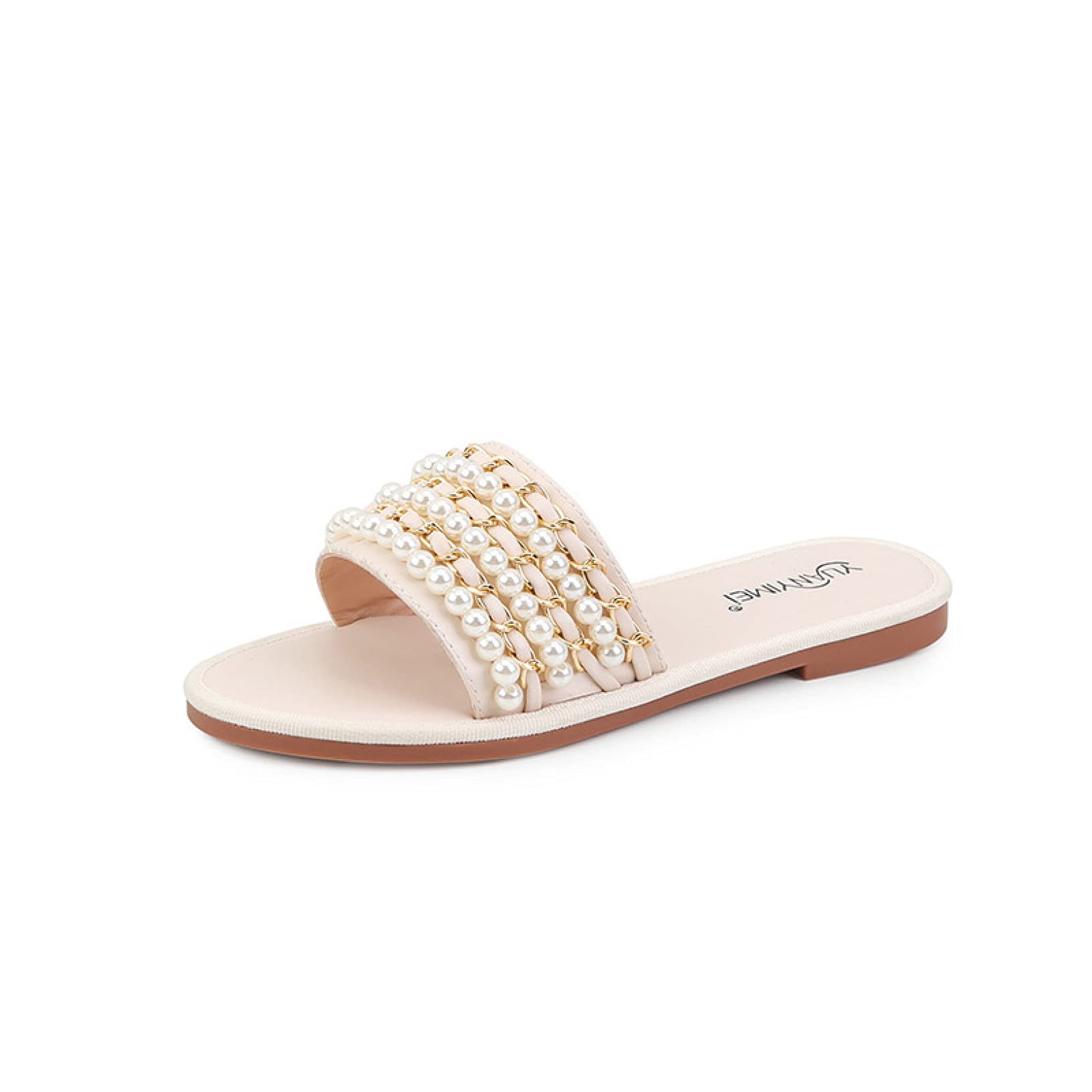 Women's Comfortable Pearl Beaded Flat Slide Sandals - Open Toe Single Band Summer Slippers for Beach, Vacation and Casual Wear