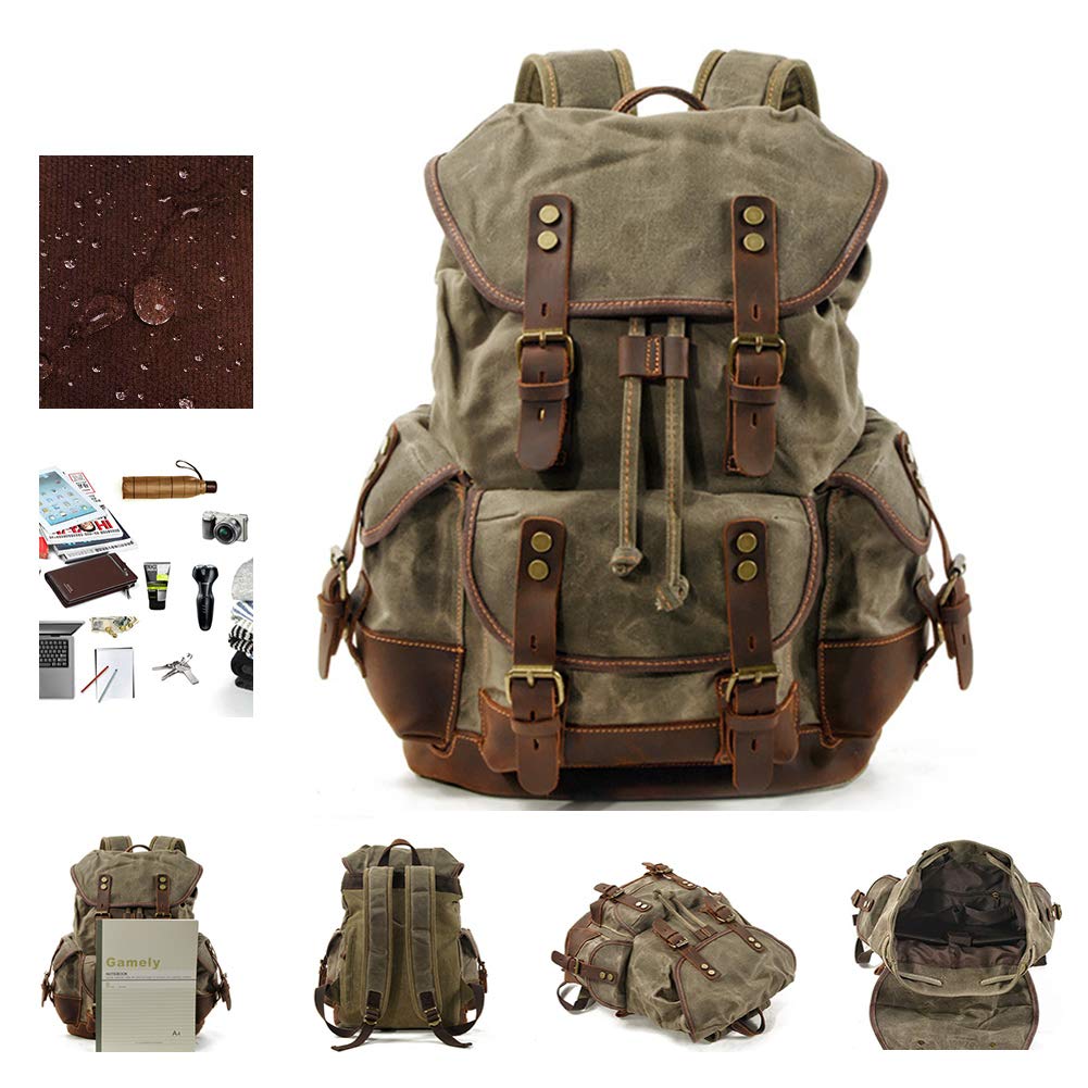 MEVIDA Men's Genuine Leather & Waxed Canvas Backpack - Vintage Mountaineering Travel Rucksack, Heavy Duty Waterproof Oversized Weekender Bag for Hiking, Camping, Business Travel & Outdoor Adventures