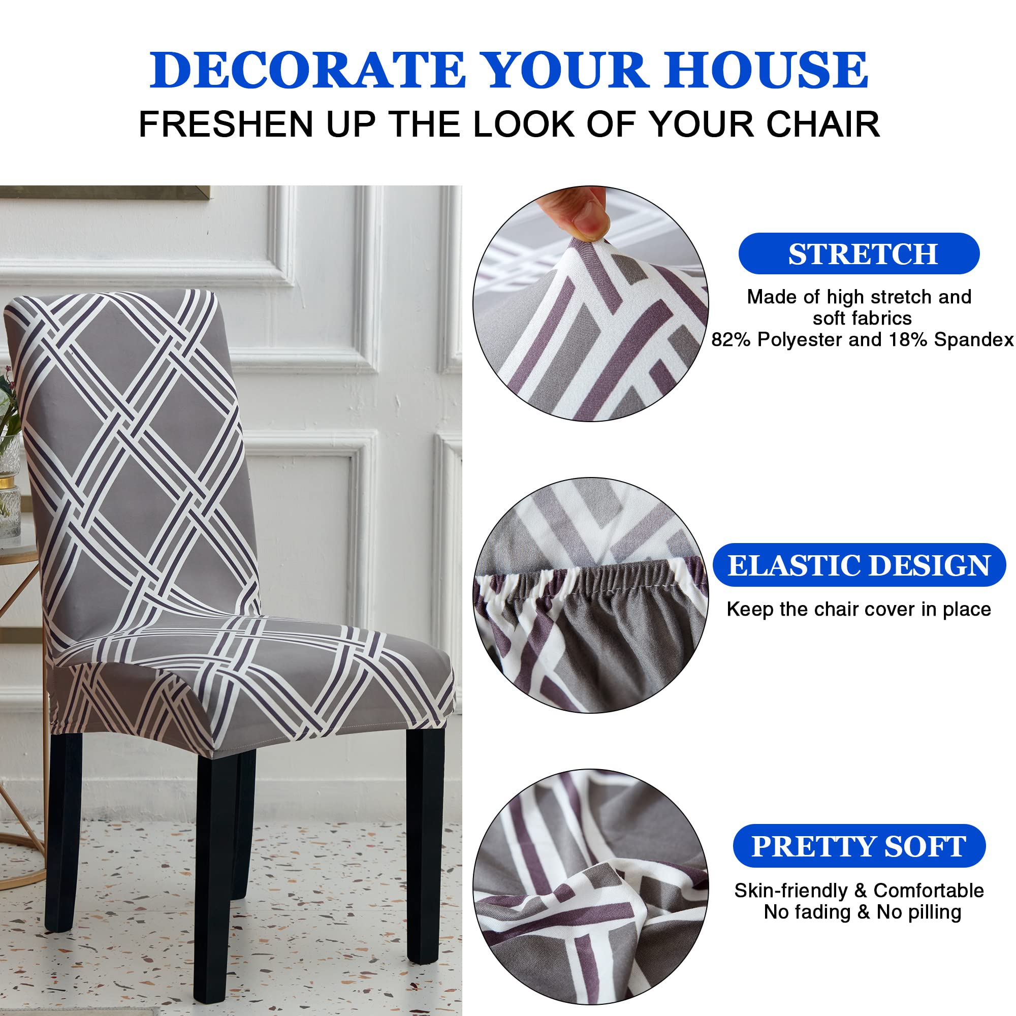 Stretchable Spandex Dining Chair Covers Set of 4 - Gray Diamond Pattern Slipcovers for Kitchen, Parsons & Dining Room Chairs | Washable Chair Protectors for Home, Restaurant & Office Use