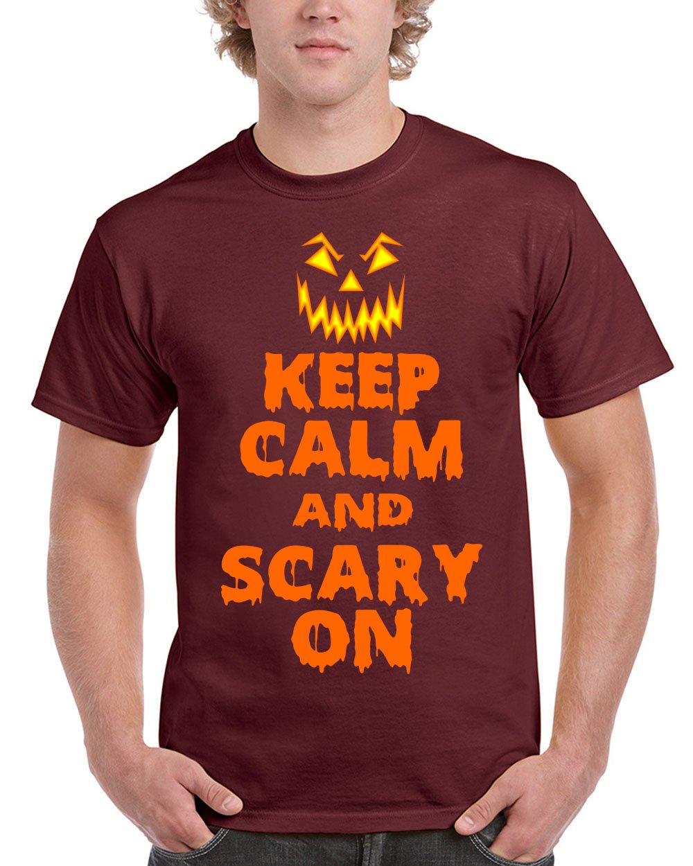 Keep Calm and Scary On Halloween T-Shirt for Men - Funny Spooky Graphic Tee Shirt with Round Neck - Perfect Costume for Halloween Parties & Trick or Treat