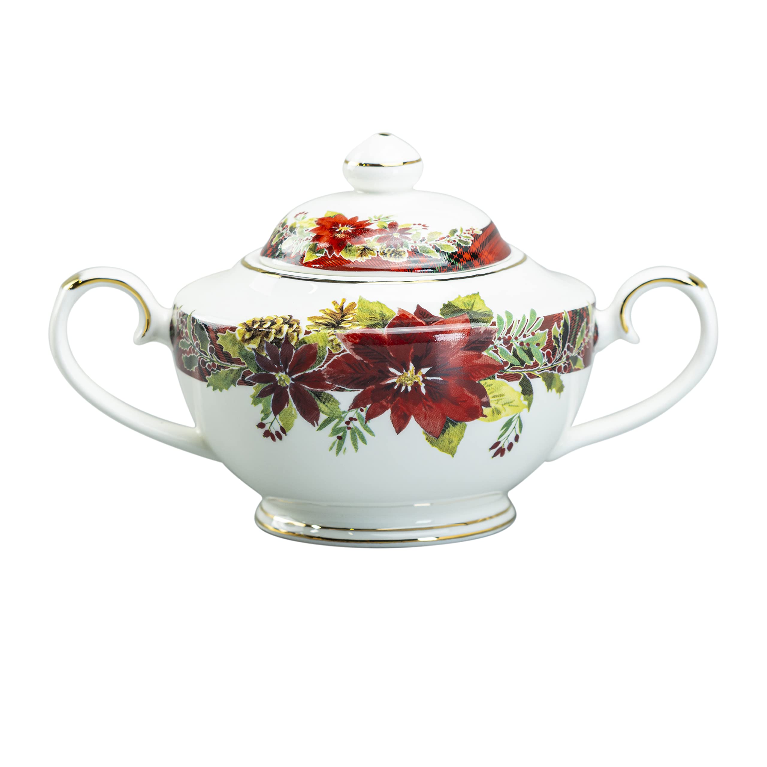 11-Piece Poinsettia Holly Plaid Tea Set in Red - Perfect for Christmas Decorations, Holiday Parties & Cozy Afternoon Tea