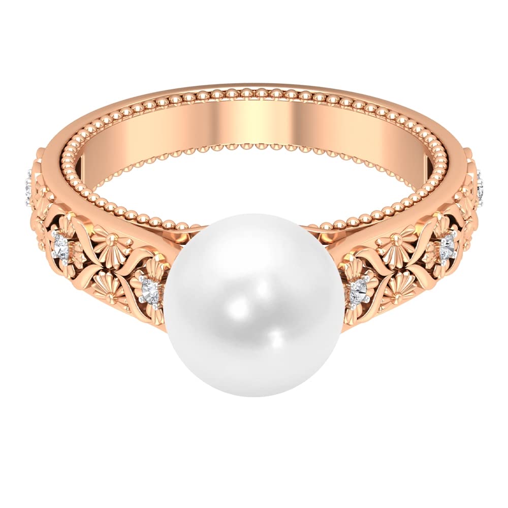 14K Solid Gold Freshwater Pearl & Moissanite Vintage Floral Ring for Women | Certified Pearl Jewelry | Perfect for Weddings, Anniversaries & Special Occasions