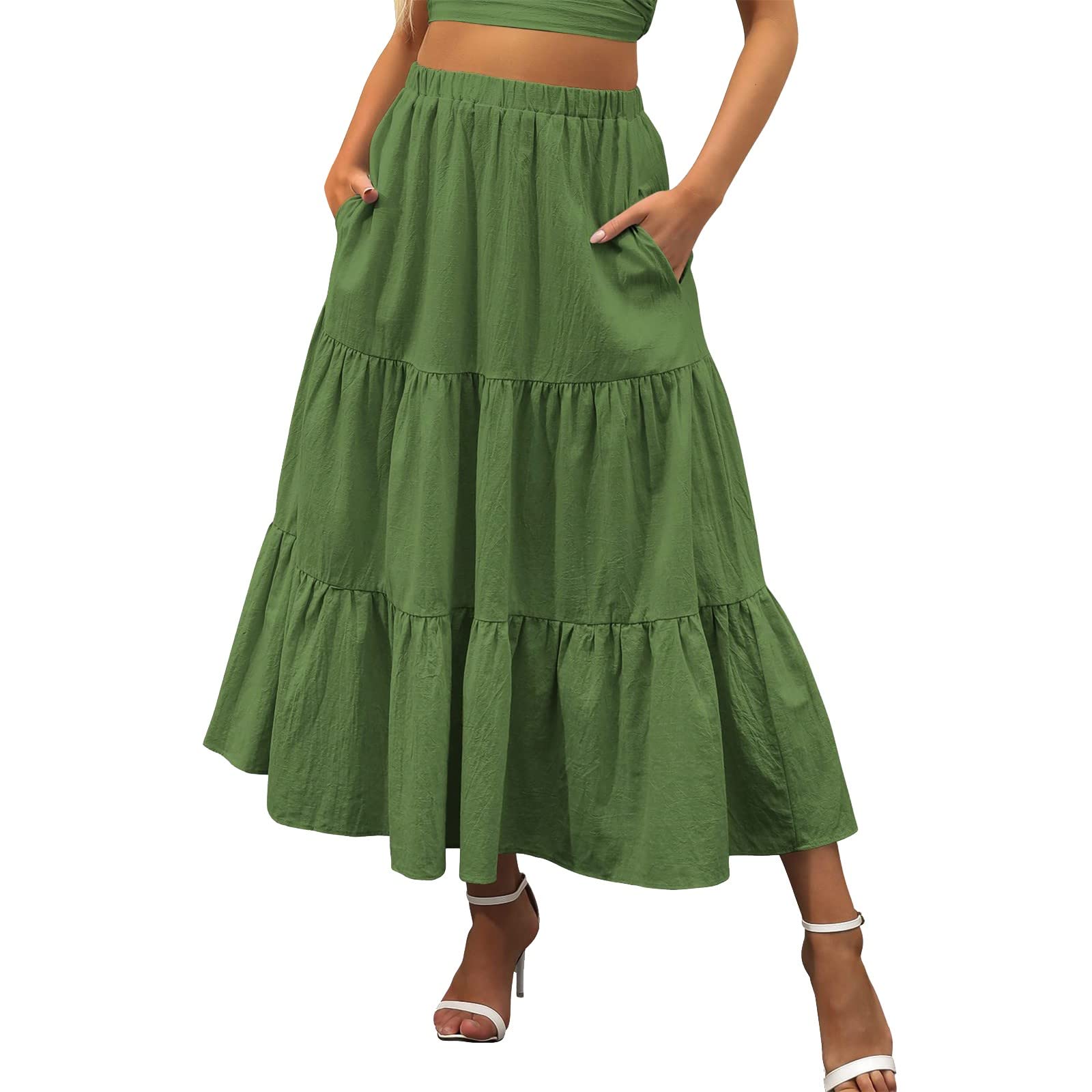 Boho Summer Skirts for Women - Elastic Waist Pleated A-Line Flowy Swing Tiered Long Beach Skirt | Perfect for Beach Vacations, Music Festivals & Casual Outings
