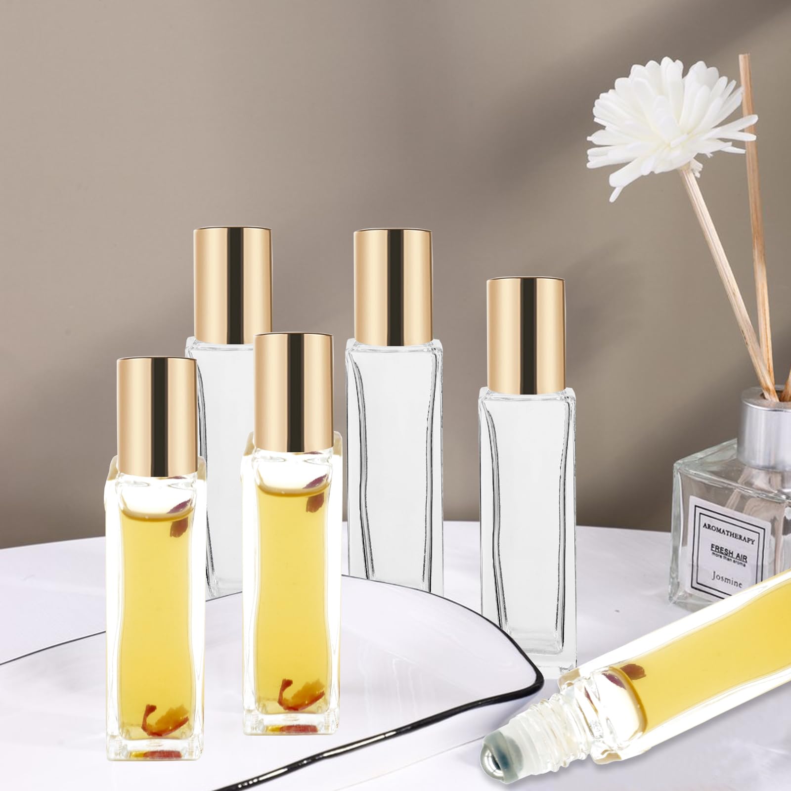 25 Pcs 10ml Essential Oil Roller Bottles - Square Thick Glass Roller Bottles with Stainless Steel Balls, Leakproof & Travel-Friendly (Includes 2 Funnels, Gold) - Perfect for Aromatherapy, DIY Blends & On-the-Go Use