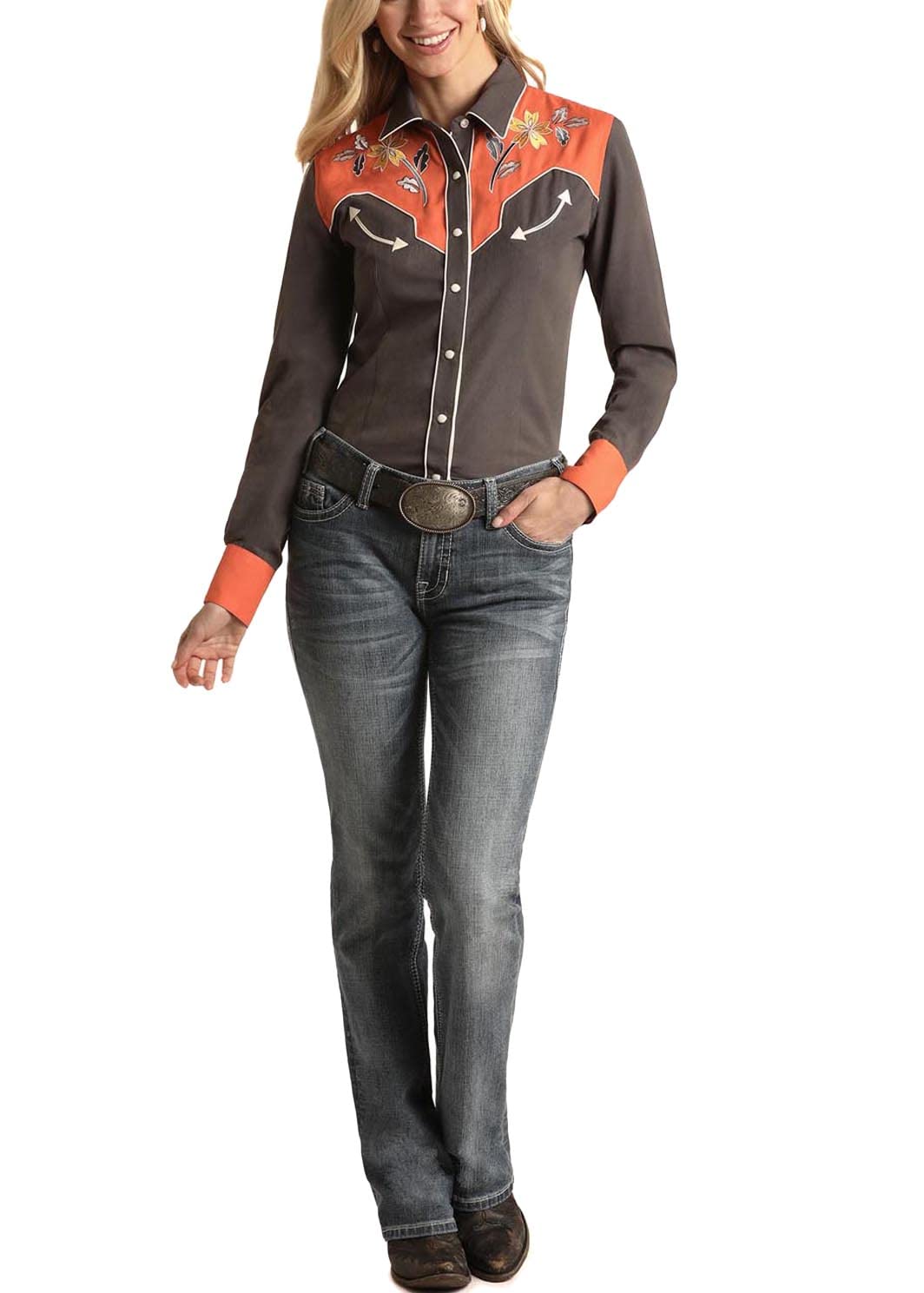 Rock and Roll Black Cowgirl Long Sleeve Snap Shirt for Women - Western Style Button Up Top for Concerts, Rodeos & Country Events (Style 22S3464)