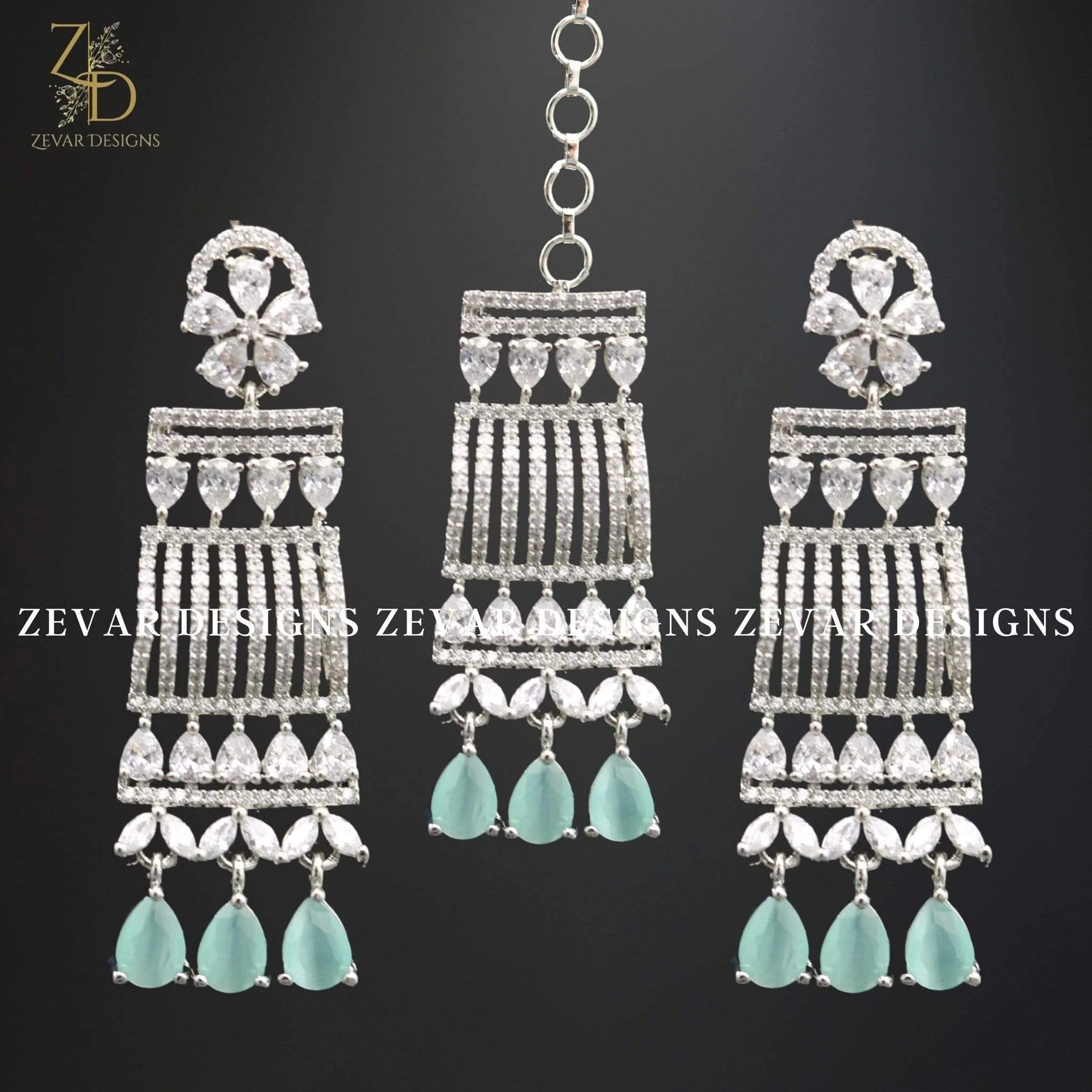 Zircon Necklace Set with Tikka Jewelry - Elegant Mint Green Gemstone Bridal Jewelry for Women, Perfect for Weddings, Parties, and Special Occasions