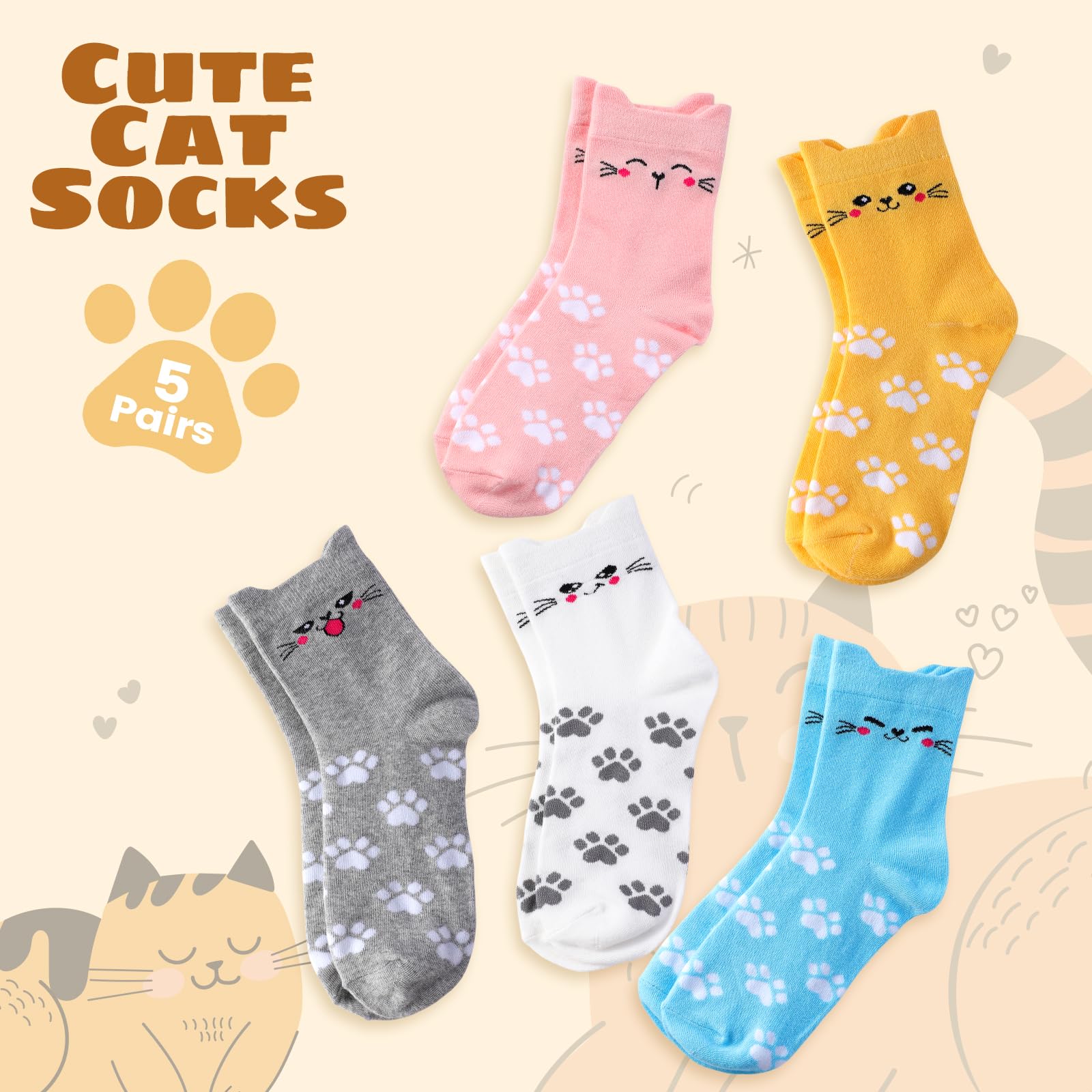 Women's Cat Socks - 5 Pairs Colorful Cute Animal Crew Socks | Novelty, Soft Knit, Cozy & Comfortable | Perfect for Gifts, Cosplay & Everyday Wear