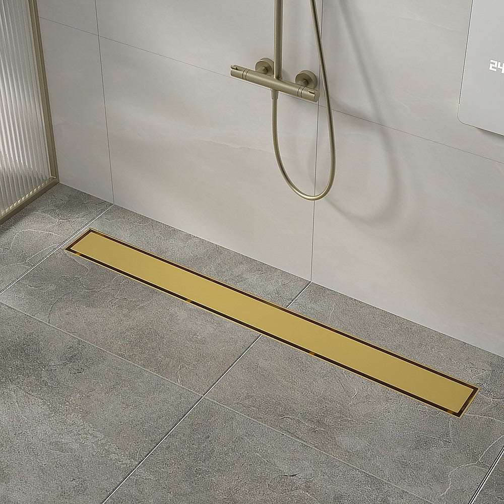1000mm Brushed Brass Tile Insert Shower Drain with Center Outlet - Bathroom Floor Waste Grate for Modern & Luxury Showers - Perfect for Wet Rooms, Walk-In Showers, and Spa Bathrooms