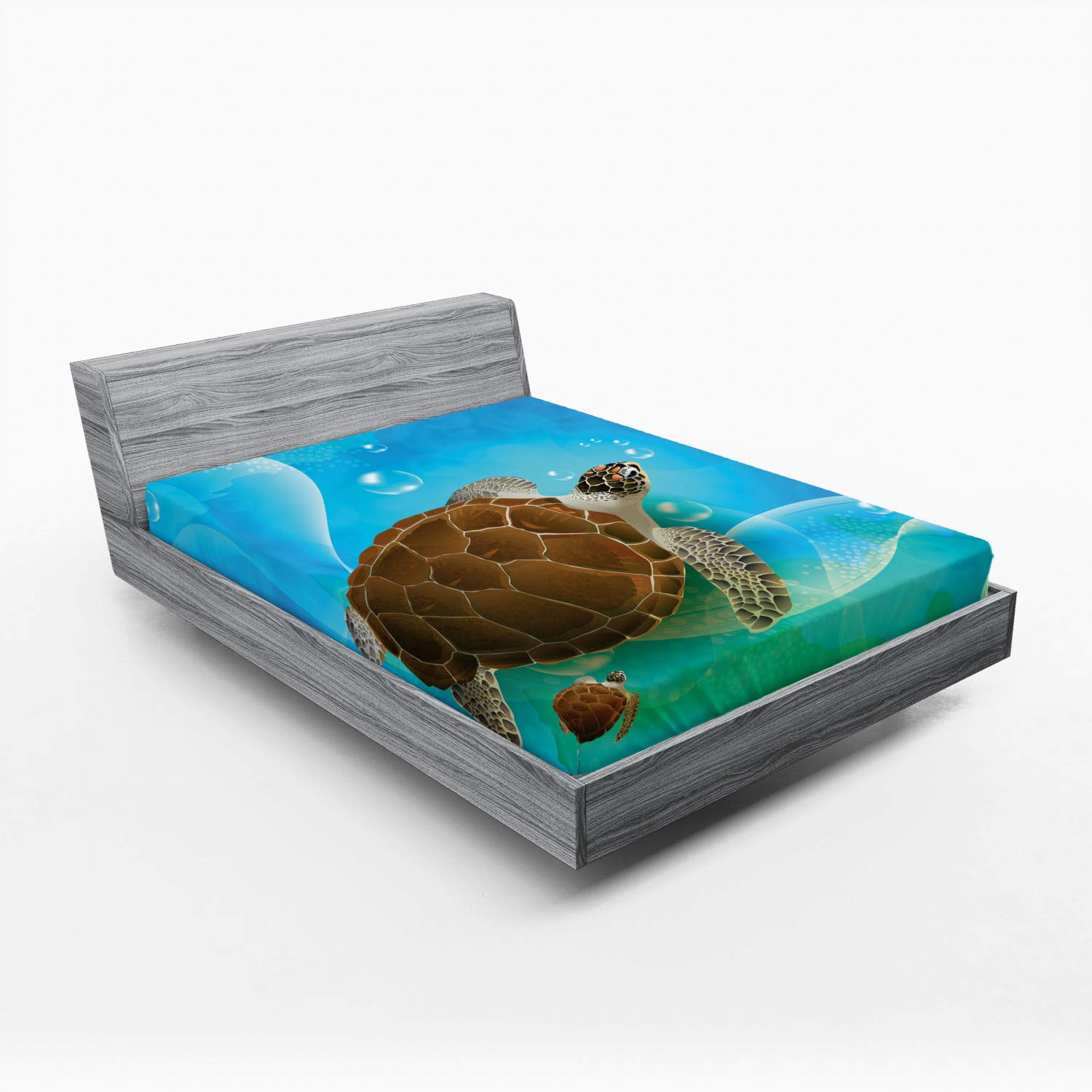 Ambesonne Queen Size Fitted Sheet - Turtle Family Swimming in Ocean Bubbles Underwater World Cartoon Design, Deep Pocket All-Around Elastic Bed Cover in Green Blue Brown | Soft & Comfortable for Kids Room, Beach House Decor, Ocean Theme Bedroom
