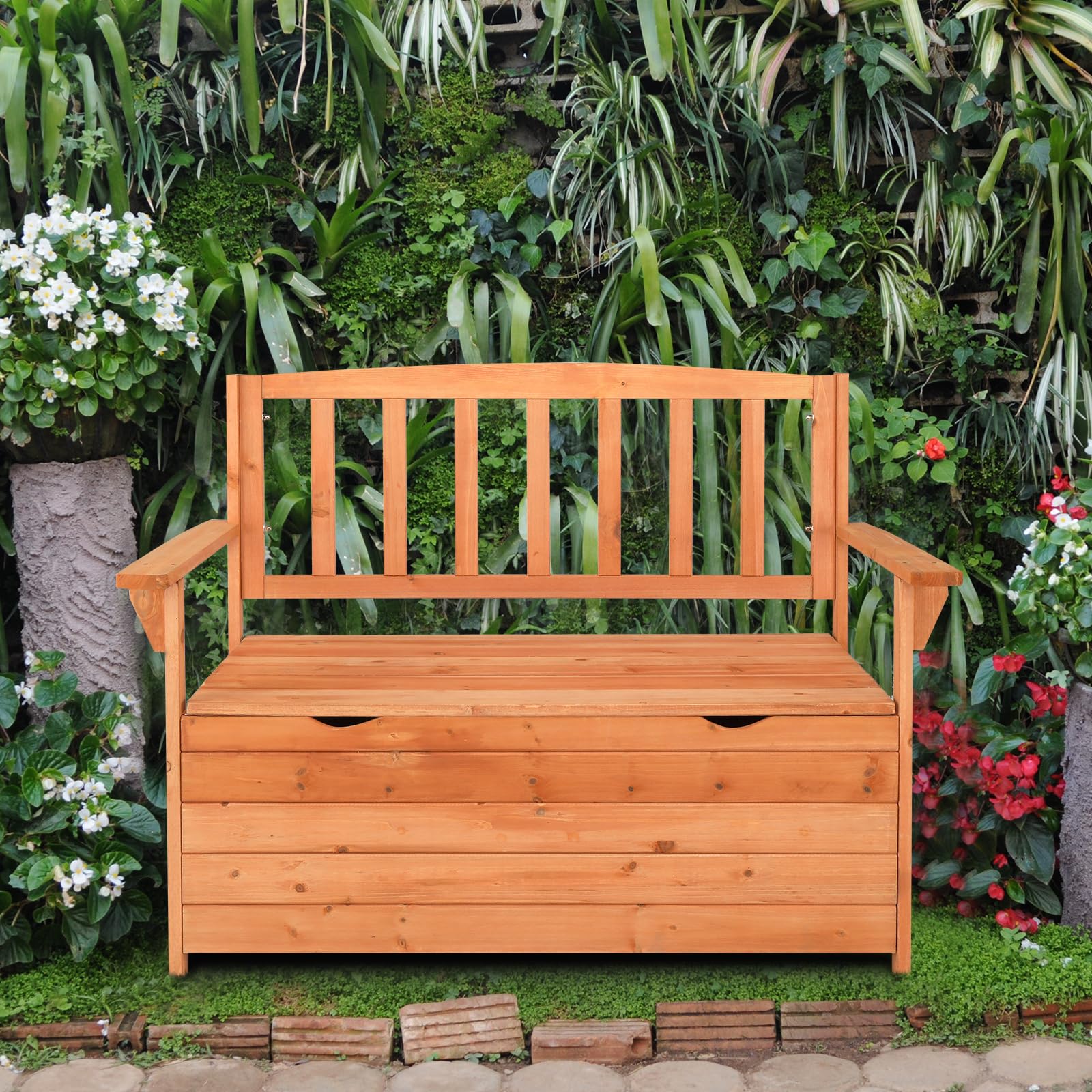 **44-inch Cedar Outdoor Storage Bench with Backrest & Armrests - Weatherproof Patio Seating & Deck Storage Box in Vibrant Orange-Red - Perfect for Garden, Porch & Backyard Organization**