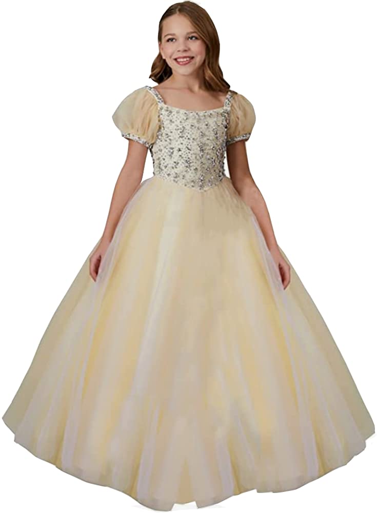 Girl's Puff Sleeves Beaded First Communion Dress - Elegant Tulle Pageant Gown for Birthday, Prom & Formal Events | Perfect for Weddings, Baptisms & Special Occasions