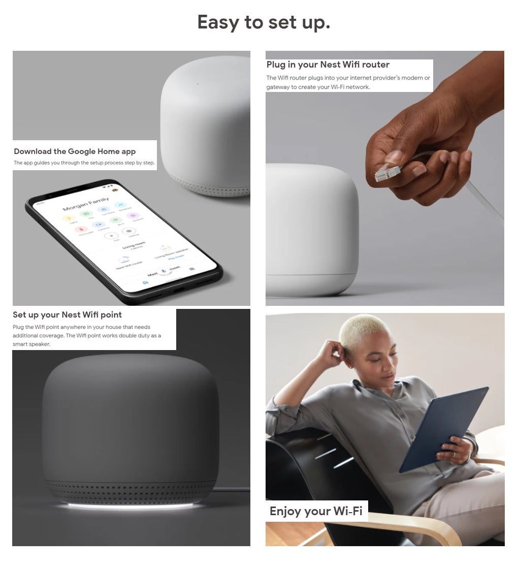 Google Nest Mesh Wi-Fi System (2 Pack) - Dual-Band Router & Point with Voice Assistant, 4K Streaming, Smart Home Compatible - White - Perfect for Whole Home Coverage & Smart Device Control
