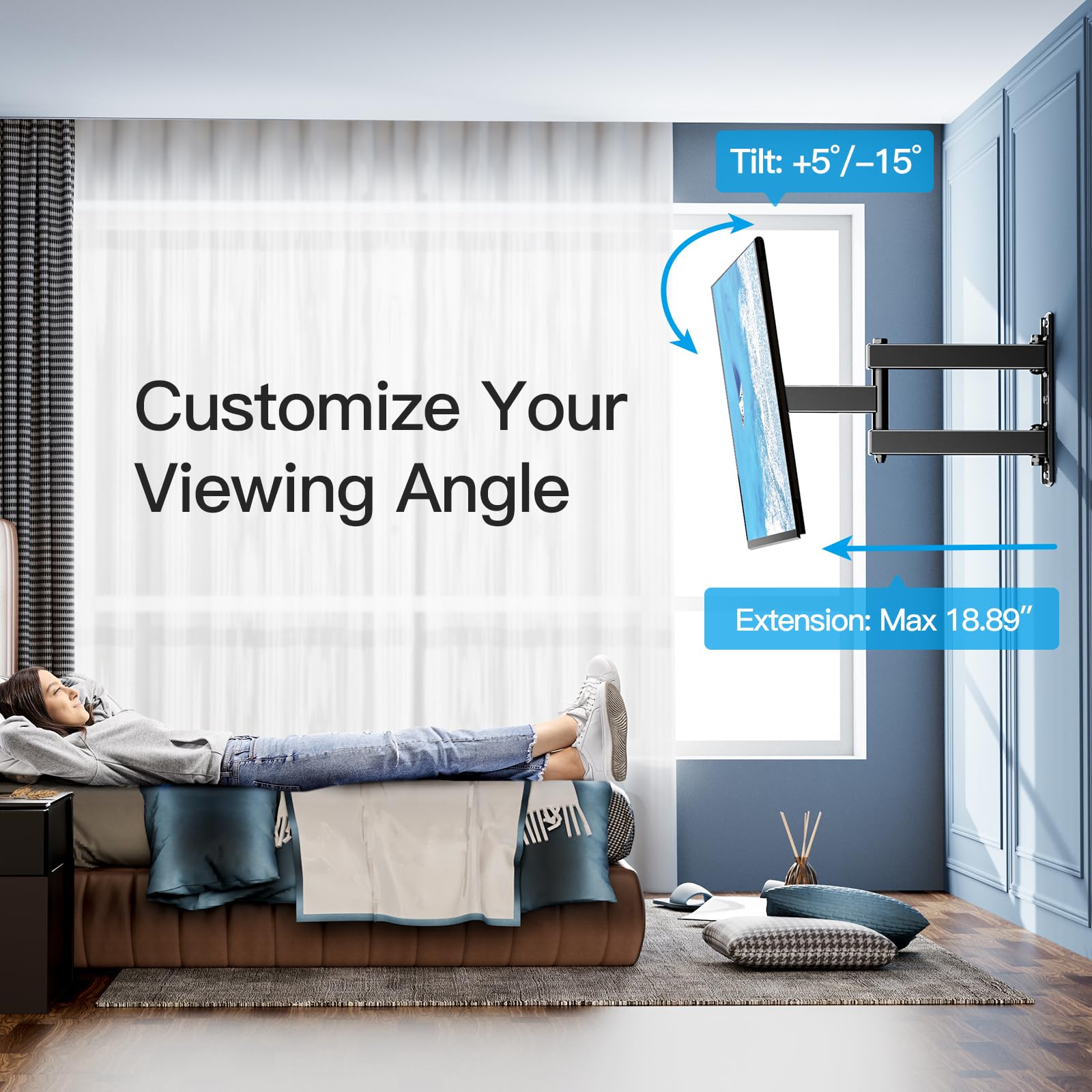 PERLESMITH UL Listed Full Motion TV Wall Mount Bracket for 26-60 Inch Flat/Curved OLED 4K TVs up to 77lbs - Swivel, Tilt, Extension Arm, Max VESA 400x400mm (PSMFK12) - Perfect for Living Room, Bedroom & Home Theater Setup