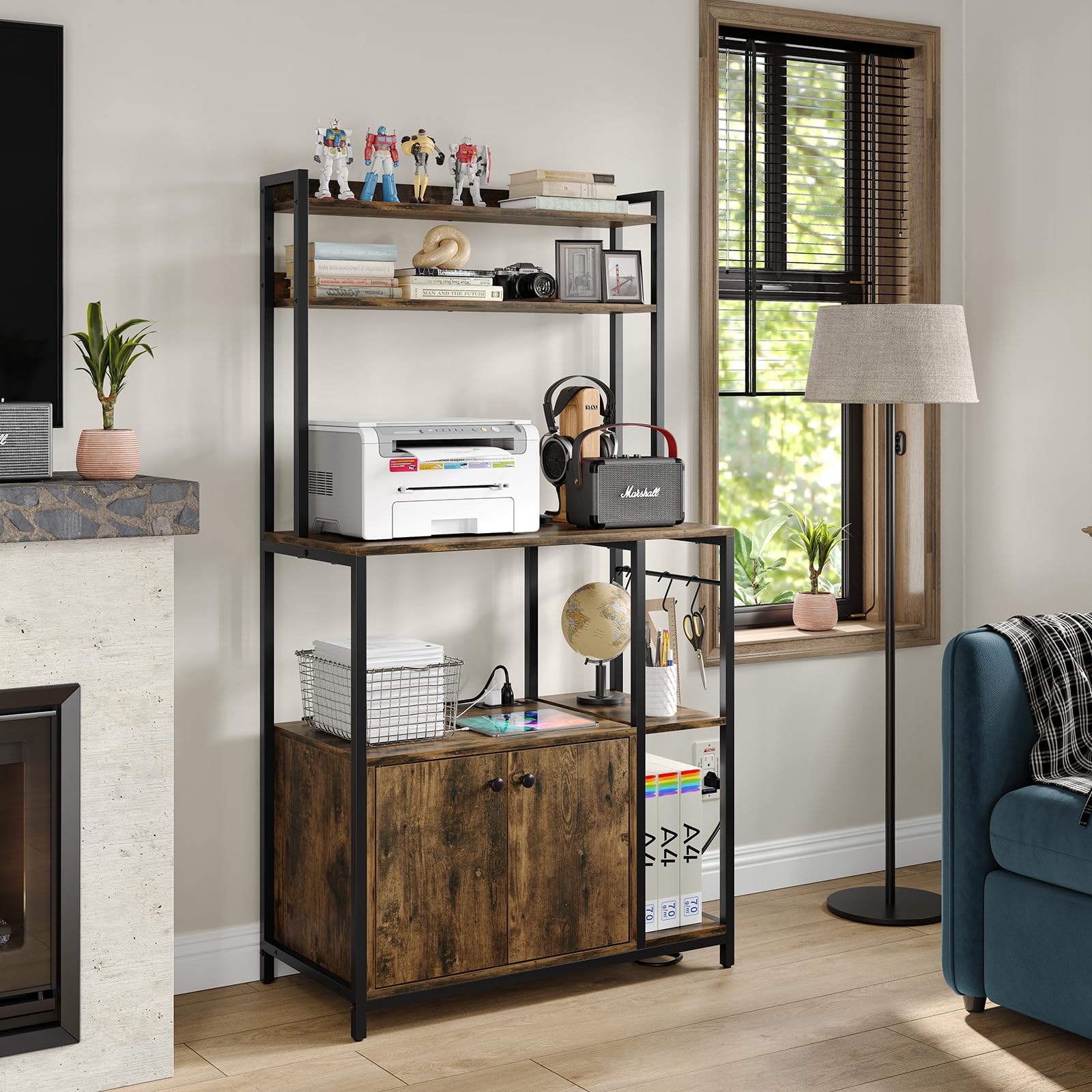 Furniouse 5-Tier Industrial Baker's Rack with Power Outlet & Storage Cabinet - Rustic Brown Kitchen Microwave Stand for Small Spaces | Perfect for Baking, Cooking & Kitchen Organization