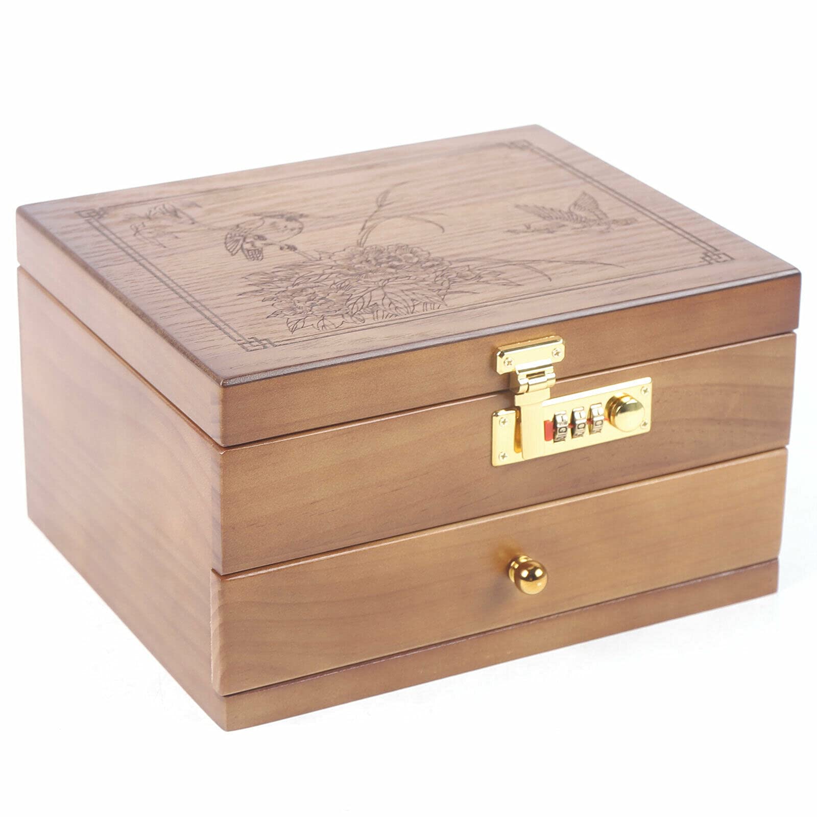 Frederimo 2-Tier Wooden Jewelry Box with Code Lock - Jewelry Organizer for Earrings, Rings, Necklaces & Bracelets - Mirror Included - Perfect Gift for Girls & Women - Ideal for Bedroom Vanity, Travel & Home Storage