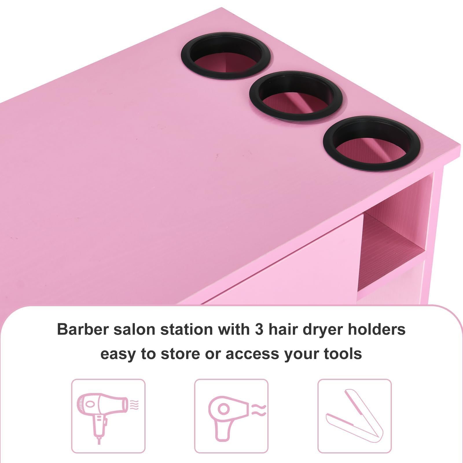 Professional Barber Station for Hair Stylists - Salon Wall Mount Cabinet with Hair Dryer Holder & Storage Drawers - Pink Beauty Salon Equipment for Home & Commercial Use