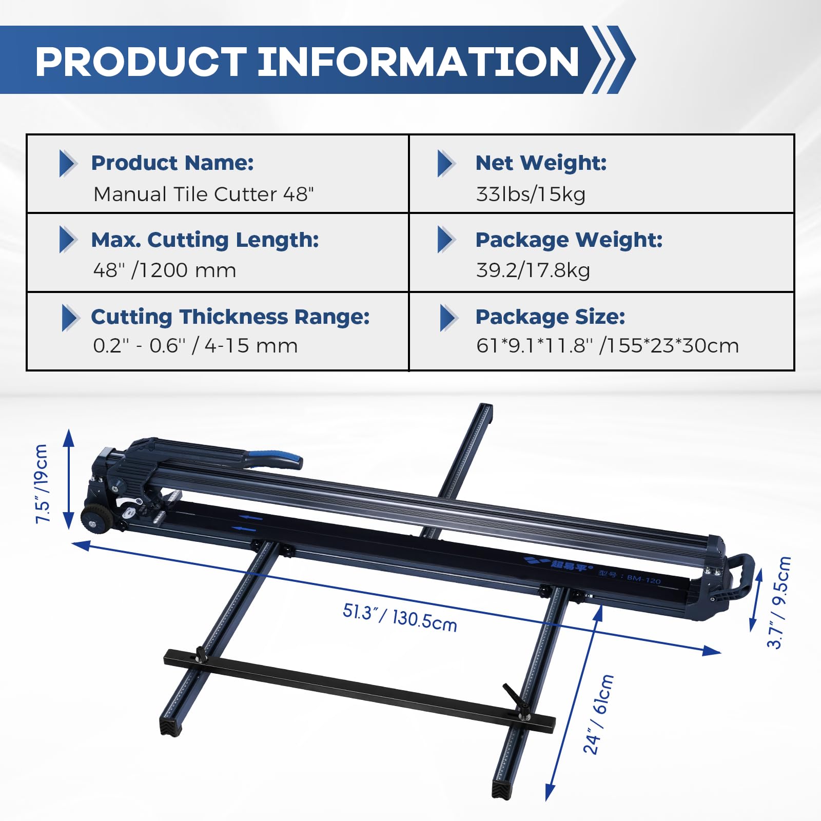48 Inch Manual Tile Cutter - Professional Porcelain Tile Cutting Tool with Transport Handle & Wheels for Flooring, Backsplash, and DIY Home Renovation Projects