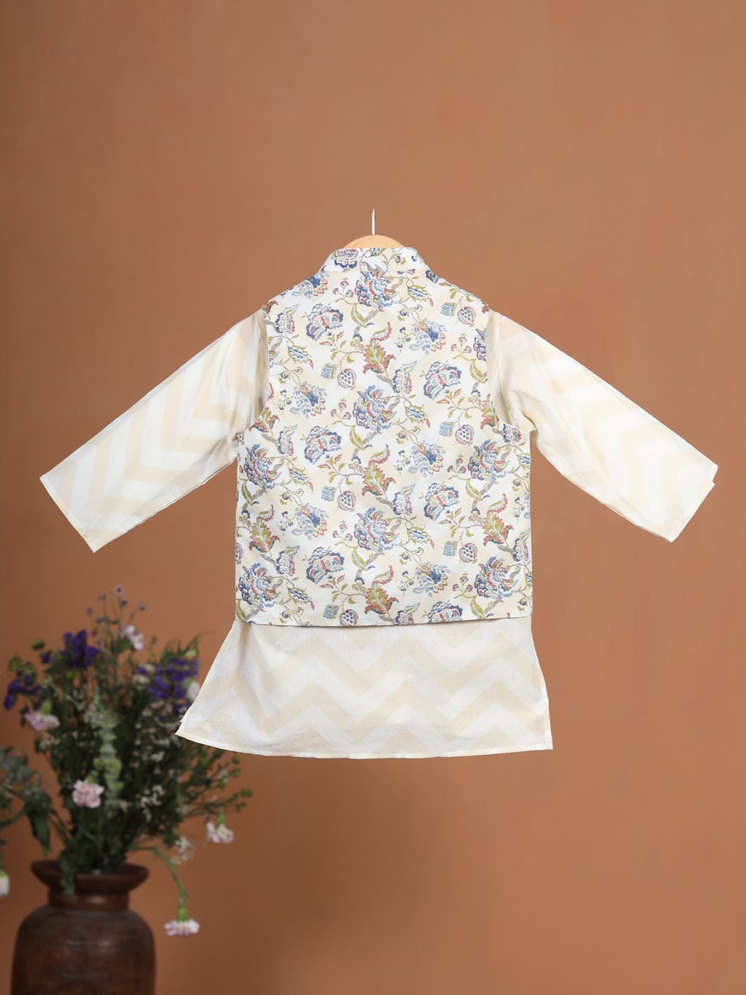 Pre Order Boys 3 Piece Bundi Set - Beige Cotton Ethnic Outfit for Festivals & Special Occasions