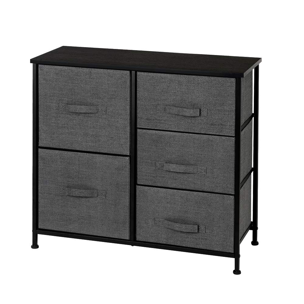 Valkynos 5-Drawer Fabric Storage Dresser - Nightstand, Accent Table & Standing Organizer for Bedroom, Living Room - Space-Saving Grey Furniture for Small Apartments & Dorm Rooms