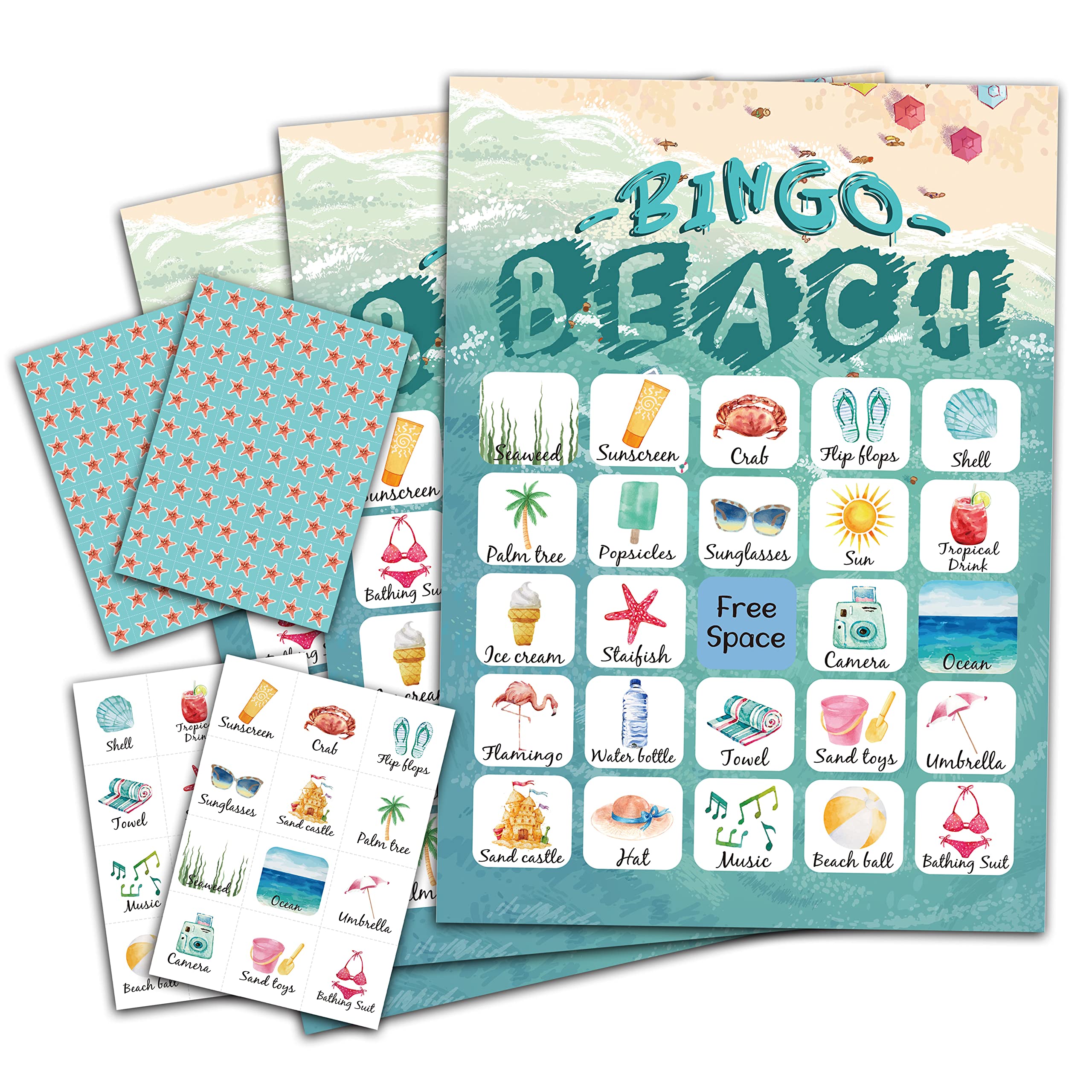 Beach Bingo Game Set for 24 Players - Fun Outdoor Party Game with Bingo Cards, Perfect for Family Reunions, Summer BBQs & Beach Vacations - Great Gift for Teens & Adults
