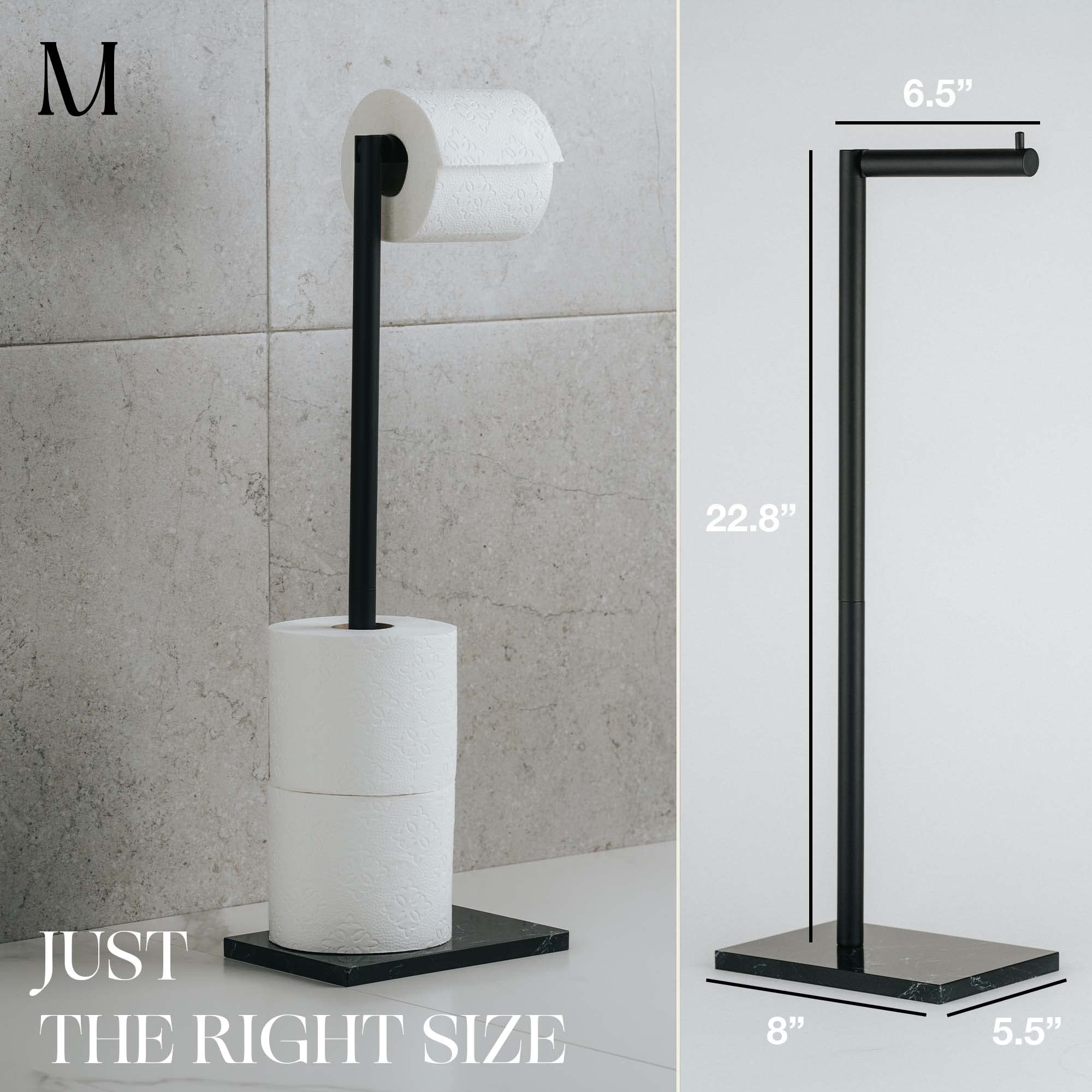 MARMOLUX ACC Free Standing Matte Black Toilet Paper Holder with Black Marble Base - 4 Jumbo Roll Storage Bathroom Organizer - Stainless Steel Standing Toilet Paper Dispenser for Modern Bathroom, Powder Room or Guest Bath Decor