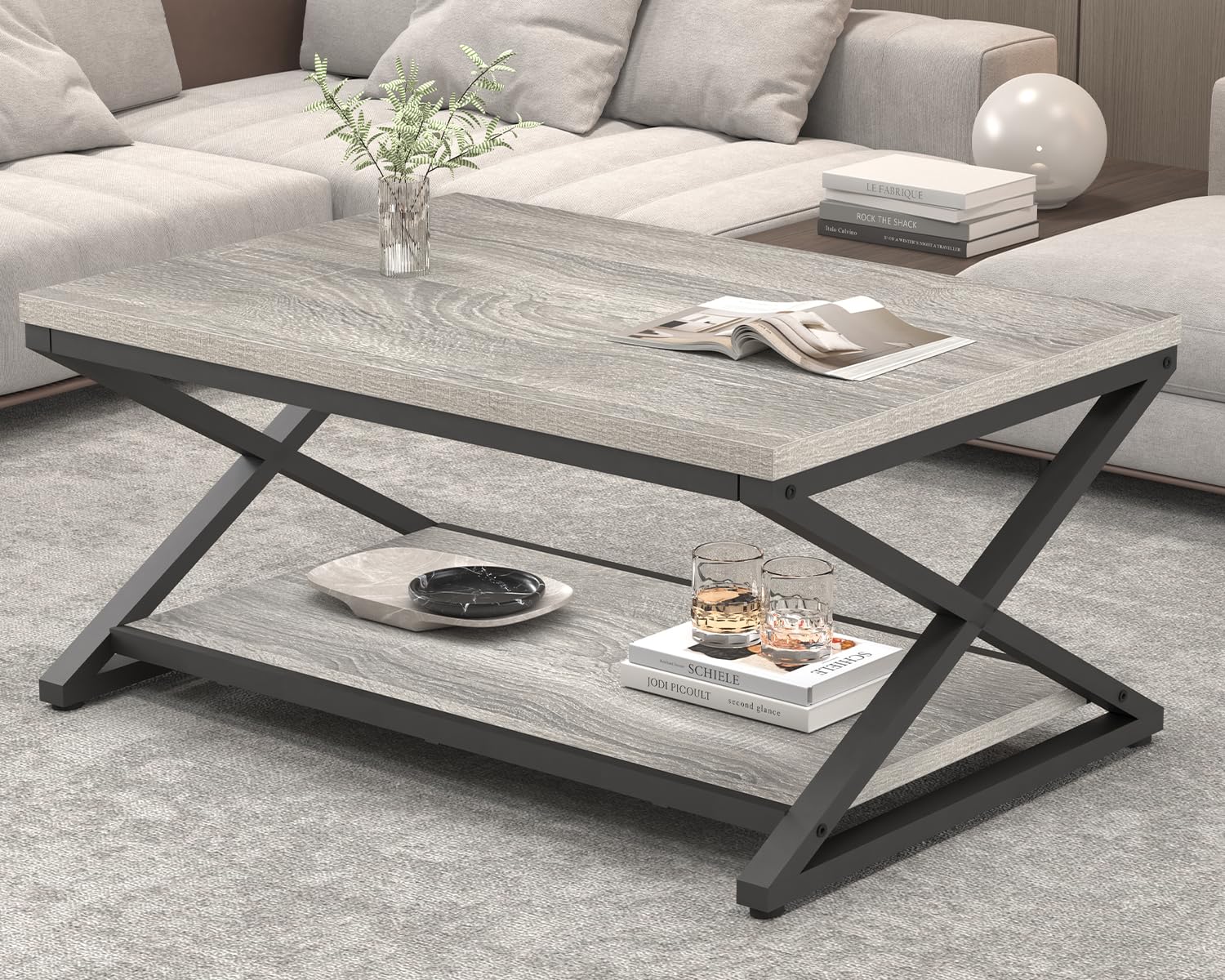 HSH Rustic Grey Coffee Table - Modern Minimalist 2-Tier Living Room Table with Storage Shelf, Industrial Style Metal & Wood Center Table for Home, Office, Bedroom - 39 Inch Rectangle Cocktail Tea Table - Perfect for Small Spaces, Entertaining Guests, and Stylish Home Decor