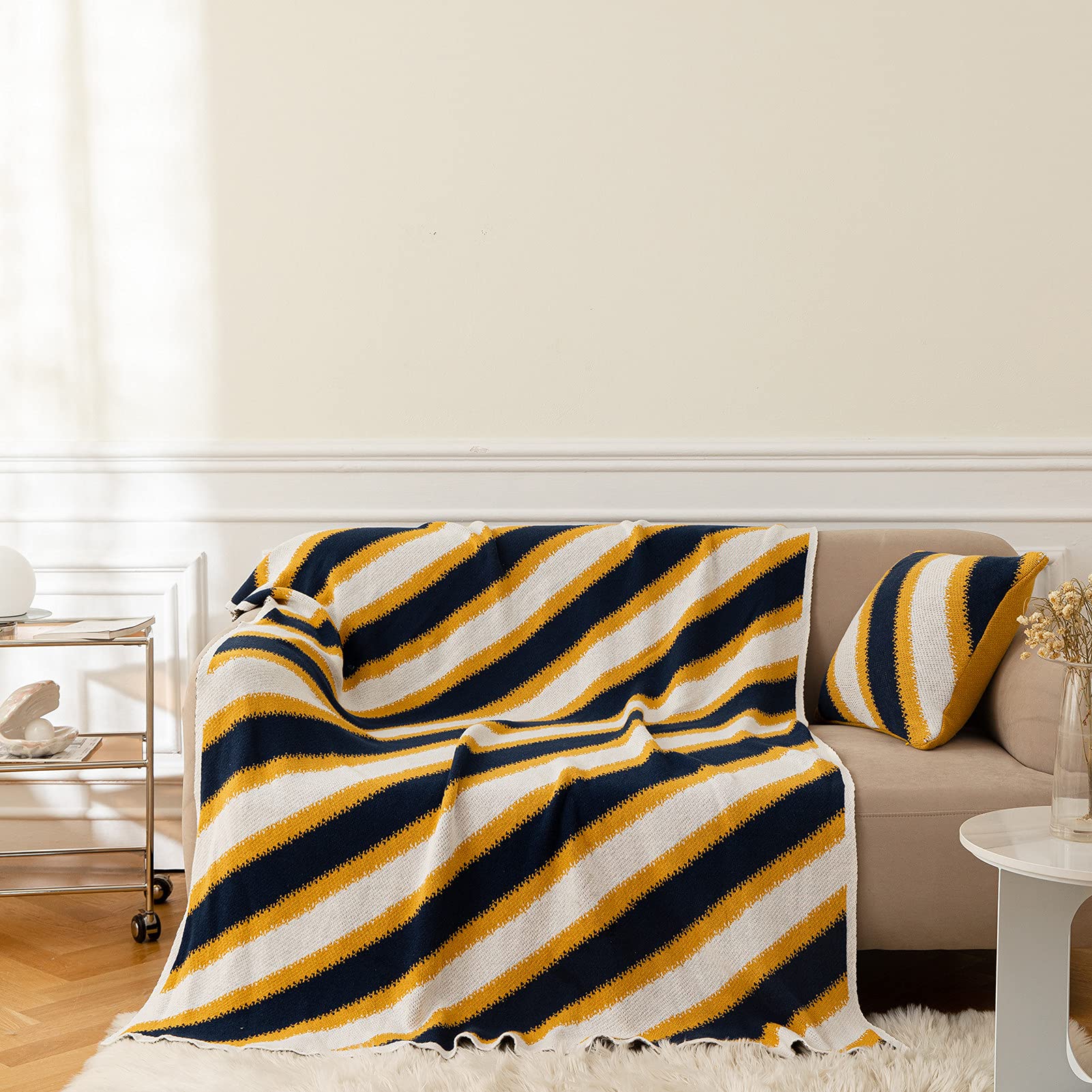 100% Cotton Striped Knit Throw Blanket - Ultra Soft Lightweight Geometric Blanket for Couch, Sofa & Bed - Cozy Decorative Blanket for Women, Men & Kids - Perfect for Lounging, Gifting & Home Decor (Yellow)