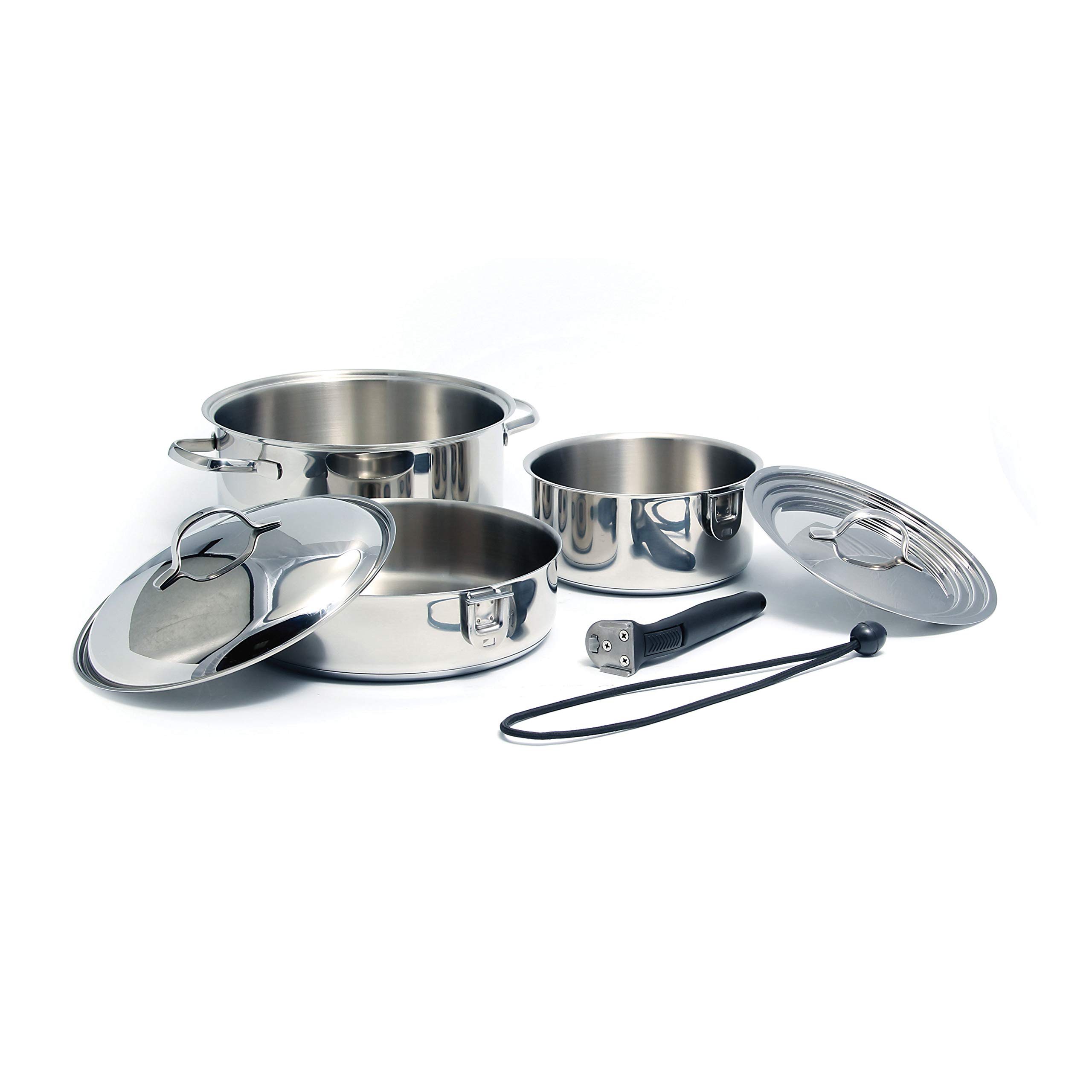 Camco Premium Nesting Cookware Set - 7-Piece Stainless Steel Pots and Pans with Lids | Space-Saving Kitchen Essentials for Camping, RV, and Small Apartments