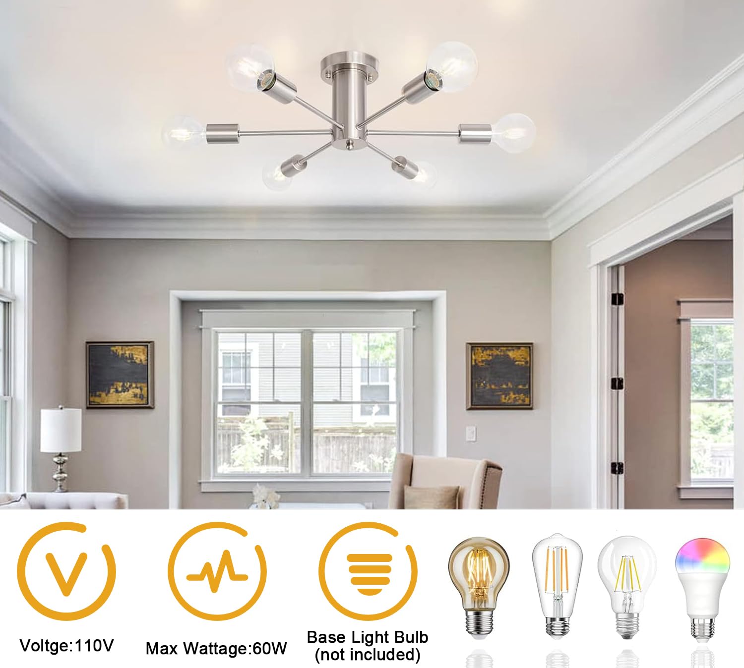 Modern 6-Light Sputnik Chandelier Ceiling Fixture in Brushed Nickel - Semi Flush Mount Lighting for Kitchen, Bedroom, Dining Room & Hallway - Perfect for Contemporary Home Decor and Ambient Lighting