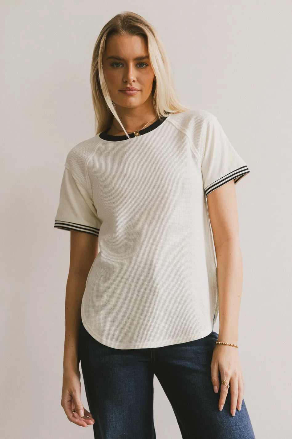 Lace Waffle Knit T-Shirt for Women - Soft Breathable Casual Top - Perfect for Layering, Everyday Wear & Date Nights