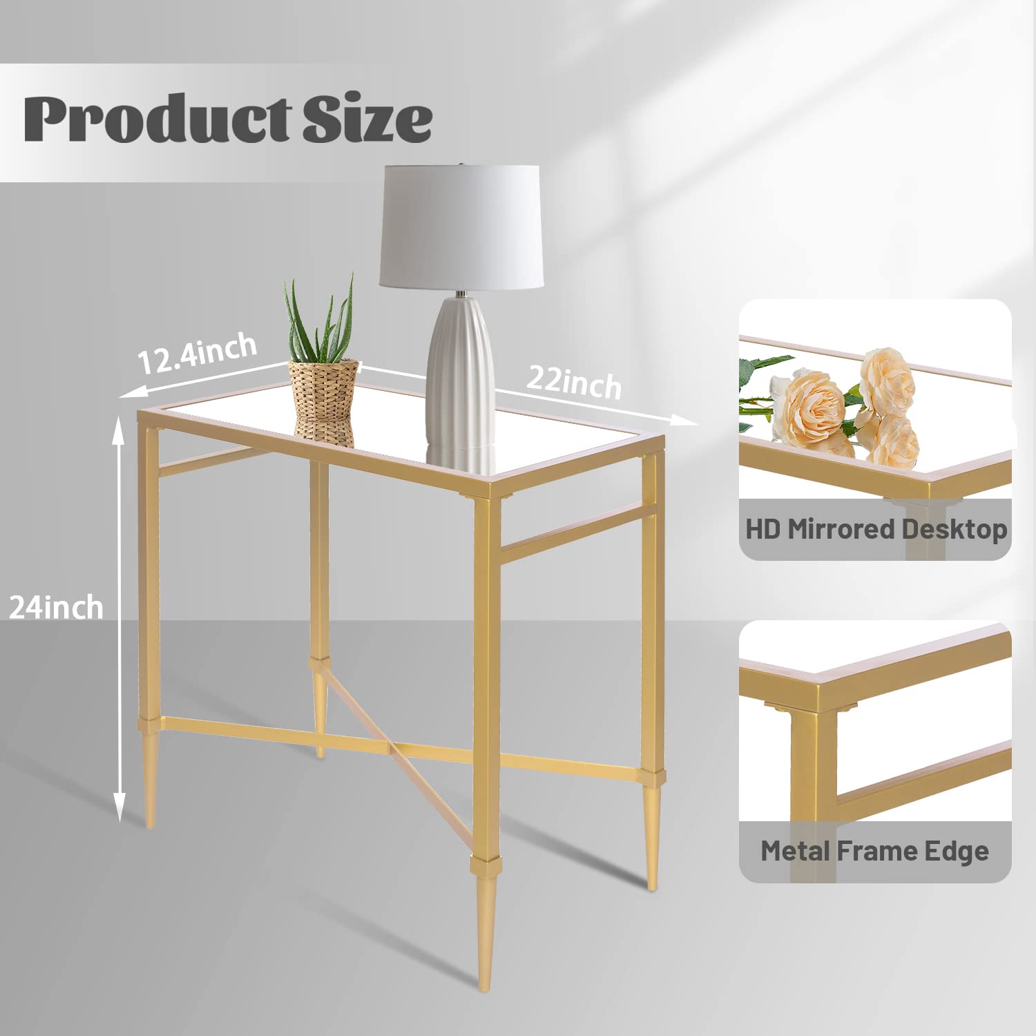 Modern Gold Rectangle End Table with Mirrored Top - Slim Metal Side Table for Living Room, Bedroom, Balcony - 22