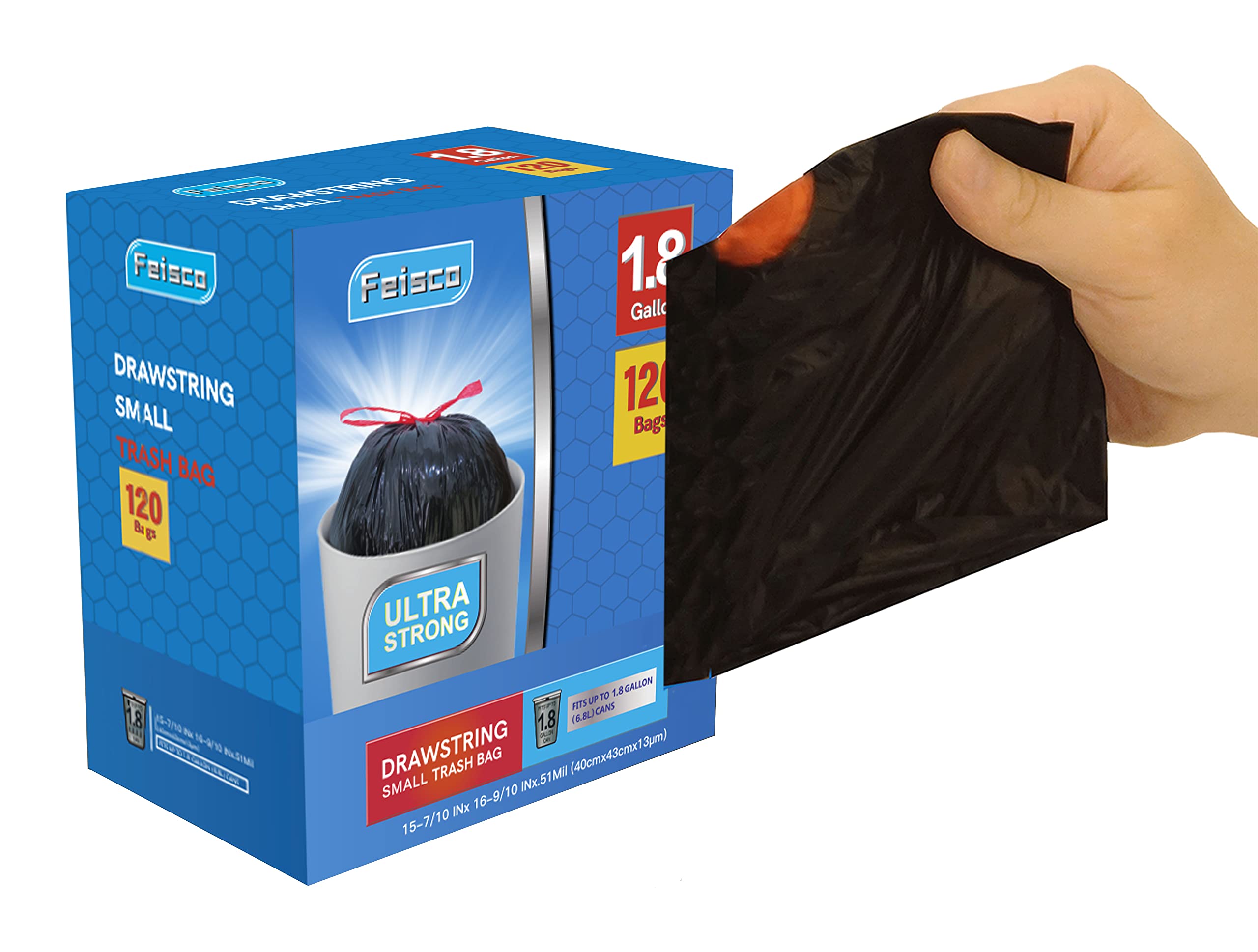 Feisco 1.8 Gallon Small Black Trash Bags with Drawstring - 120 Count, 0.51 Mil Thick Garbage Can Liners for Bathroom, Office, Bedroom & Kitchen Waste Disposal