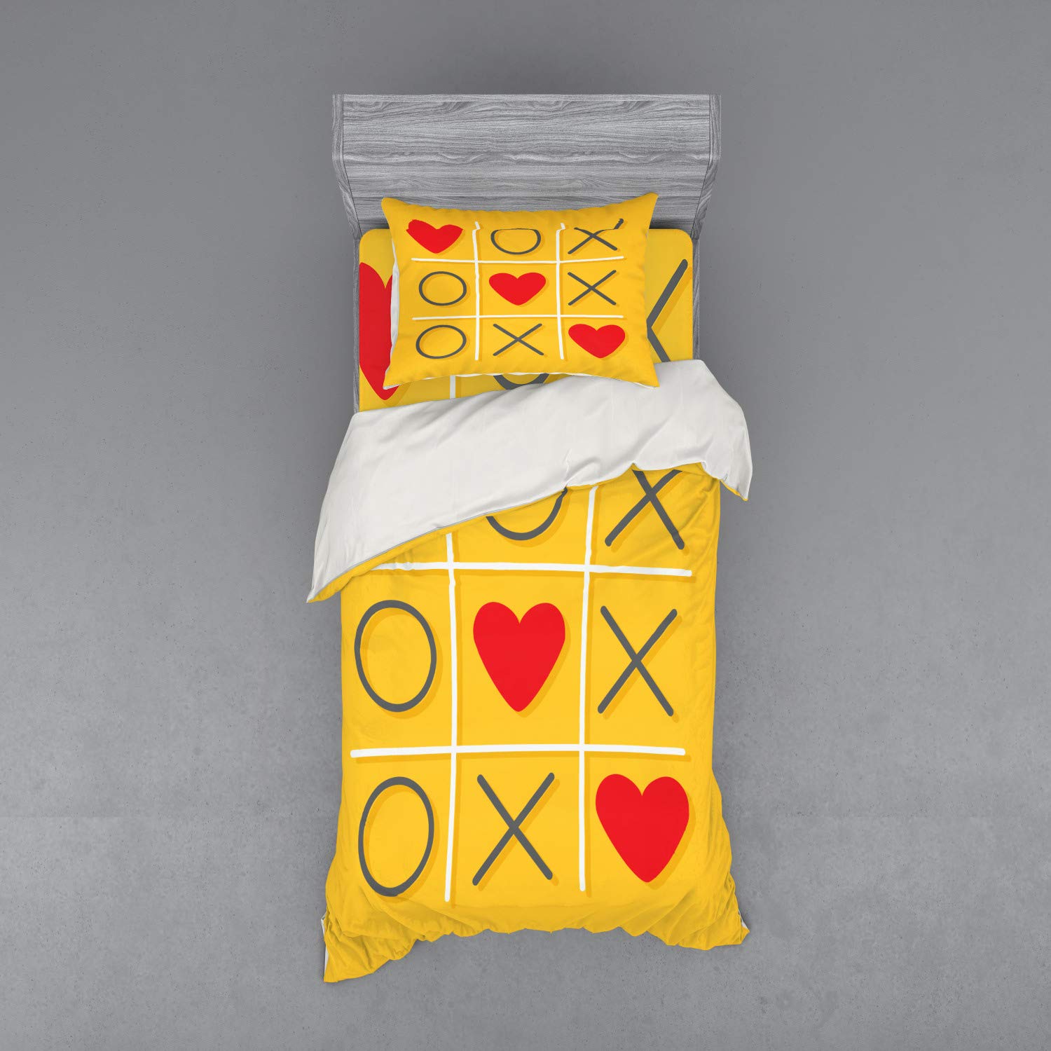 Ambesonne Love Duvet Cover Set - Tic-Tac-Toe Game with XOXO Flat Design, Funny Romantic Illustration, 3-Piece Bedding Set with Sham & Fitted Sheet, Twin Size, Yellow & Red - Perfect for Couples' Bedrooms, Valentine's Day Gifts, and Whimsical Home Decor