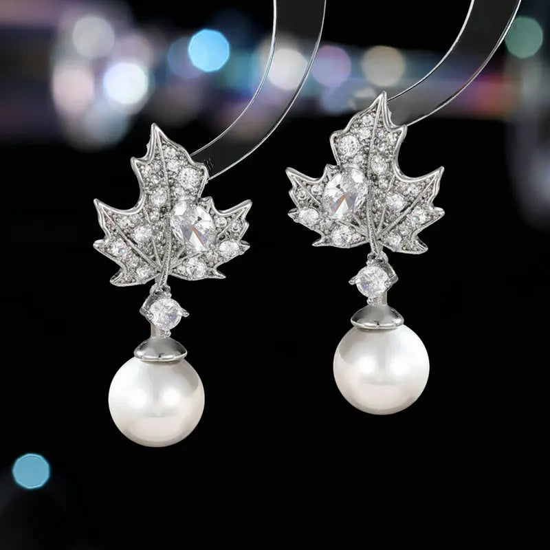 Shiny Crystal Cubic Zirconia Maple Leaf Pearl Earrings for Women | Bridal Wedding Jewelry Accessories | Perfect for Bridal Shower, Anniversary Gifts & Special Occasions LYH069