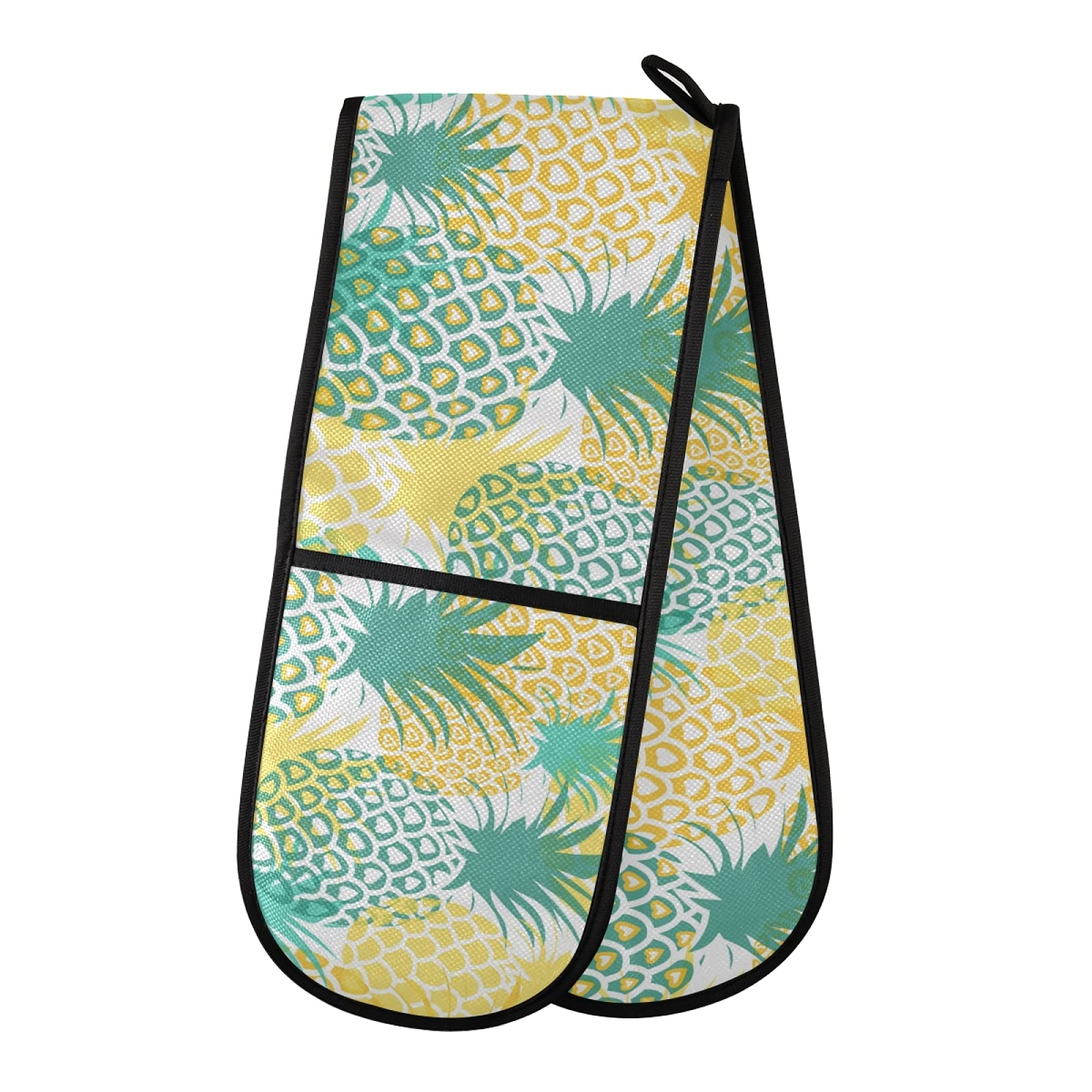 Heat Resistant Double Oven Mitts - Pineapple Tropical Fruit Watercolor Design for BBQ, Baking, Grilling & Microwave Use - Perfect Kitchen Accessories for Cooking Enthusiasts