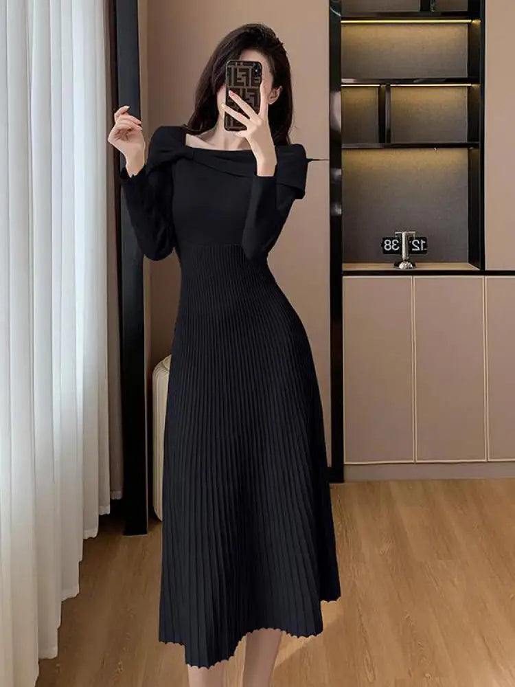 Elegant Black Long Sleeve Knit Dress for Women - Autumn Beige Bow French Fashion Slim Casual Midi Dress - Perfect for Party, Office Wear and Fall Outfits