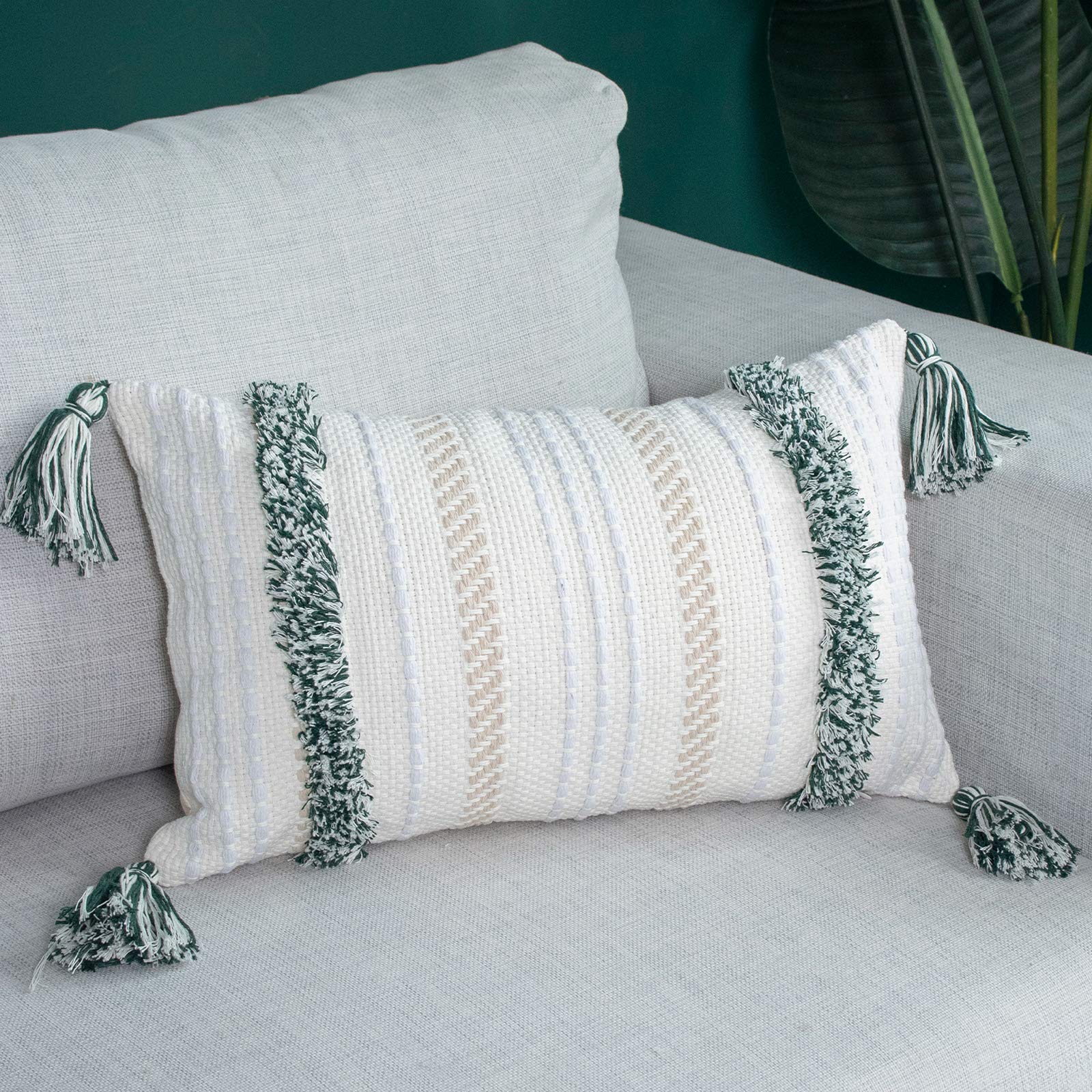 Boho Throw Pillow Covers 12x20 - Tufted Decorative Pillow Cases for Couch, Bed & Sofa - Modern Farmhouse Accent Pillows in Neutral Green - Perfect for Living Room, Bedroom & Home Decor