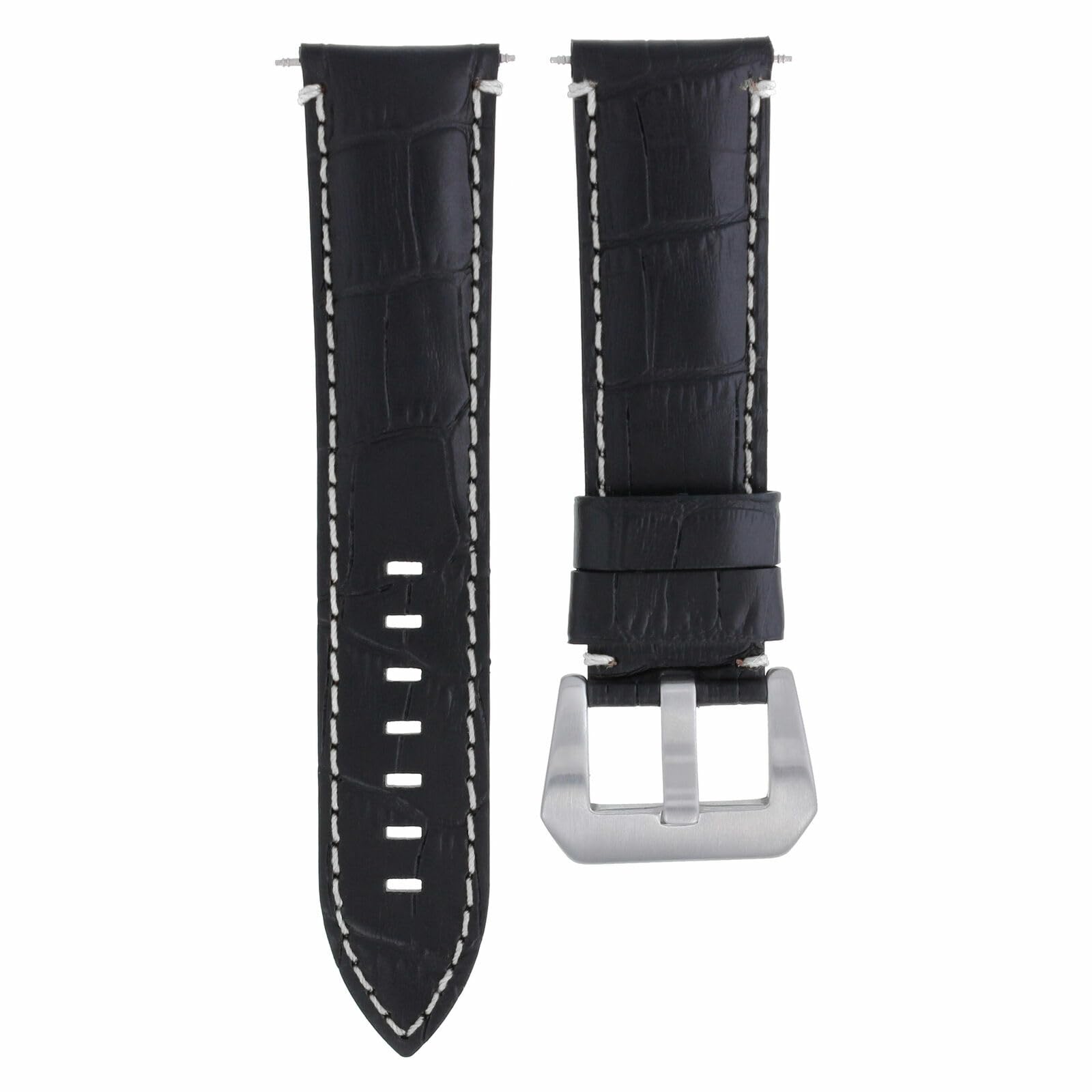 22mm Genuine Leather Watch Band Strap for Anonimo Watches - Black with White Stitching | Premium Replacement Watch Strap for Men | Dress Watch Accessory for Business & Formal Occasions