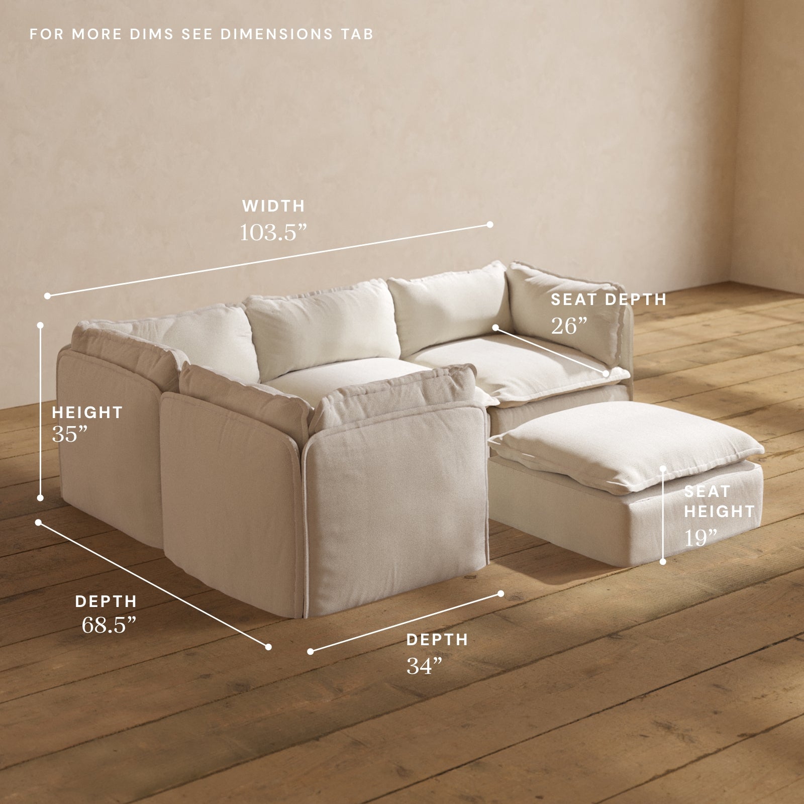 Modular Performance 4-Seater Corner Sectional Sofa with Ottoman in Flour Fabric - Modern L-Shaped Couch for Living Room, Family Room & Lounge Areas