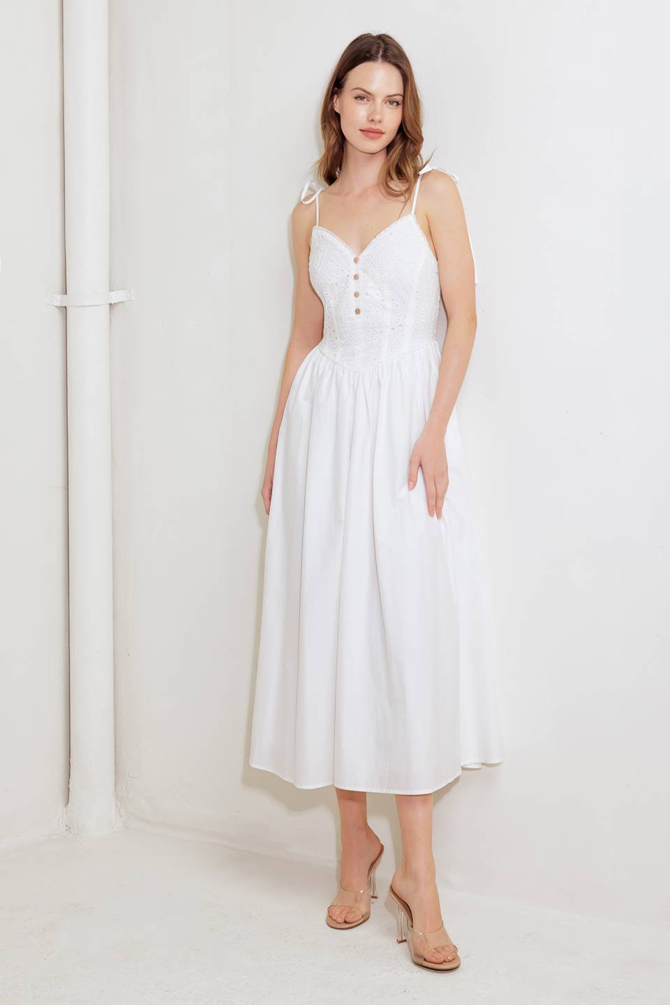 Isobelle White Eyelet Midi Dress - Floral Lace Summer Dress for Women, Perfect for Beach Vacations, Garden Parties & Date Nights