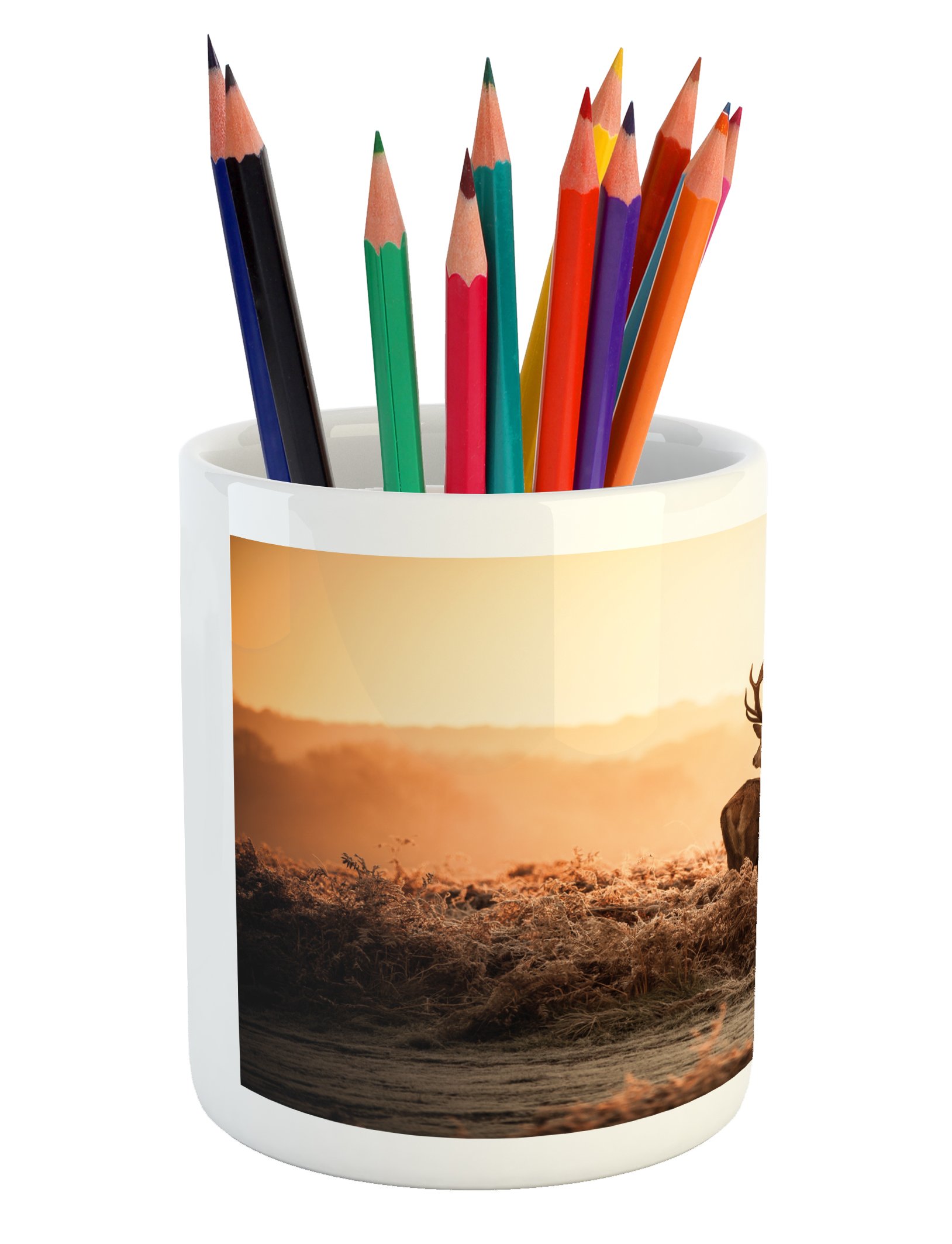 Ambesonne Hunting Themed Ceramic Pen Holder - Red Deer in Morning Sun Wilderness Nature Scenery, Brown & Orange Office Desk Accessory for Hunting Enthusiasts & Nature Lovers | Perfect for Home Office, Study Room, or Cabin Decor