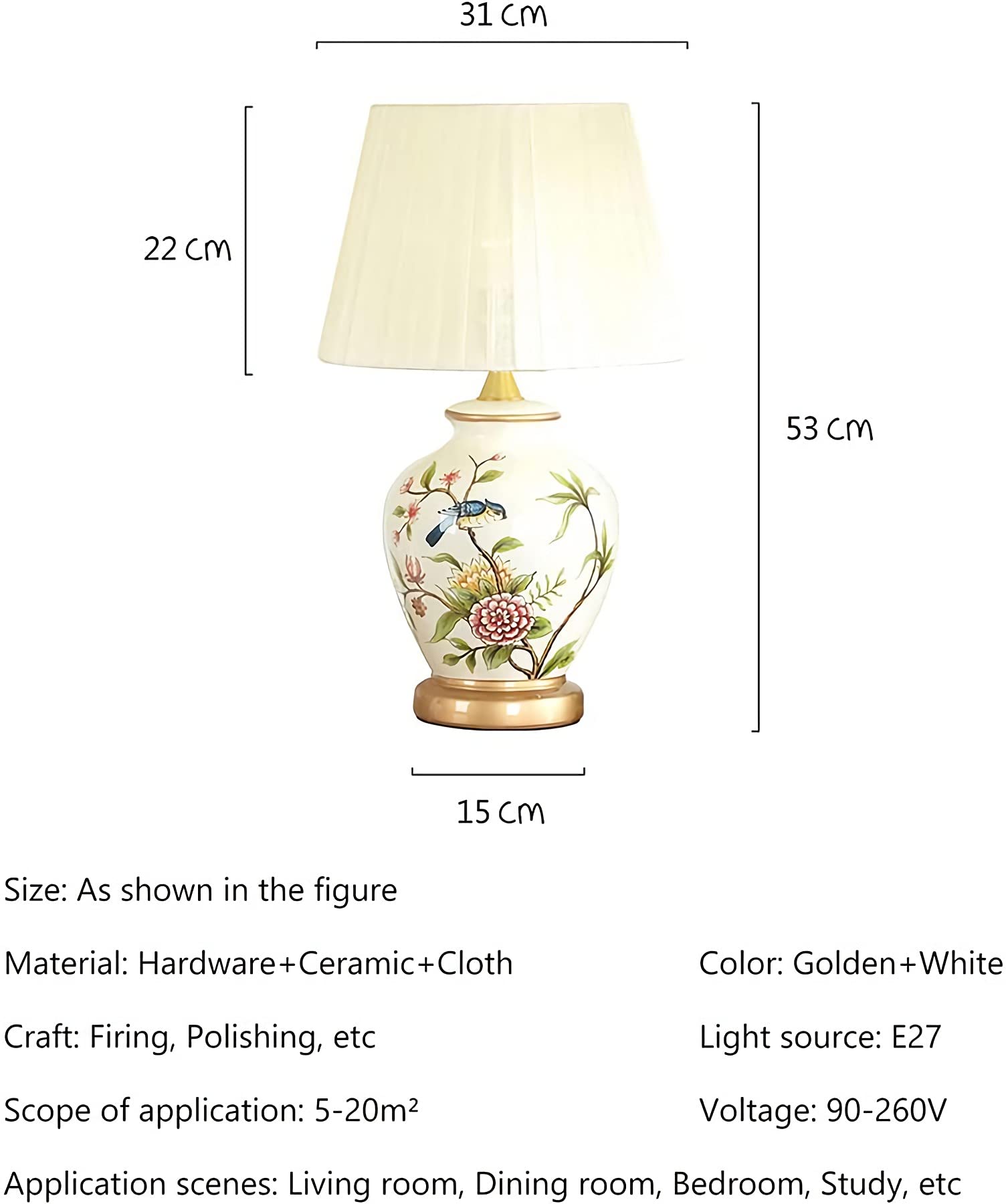 Modern Asian Chinese Style Ceramic Table Lamp with Fabric Bell Shade - Traditional Home Decor for Living Room, Bedroom, Office & Nightstand | Perfect for Beach House, Entryway & Family Spaces (White)