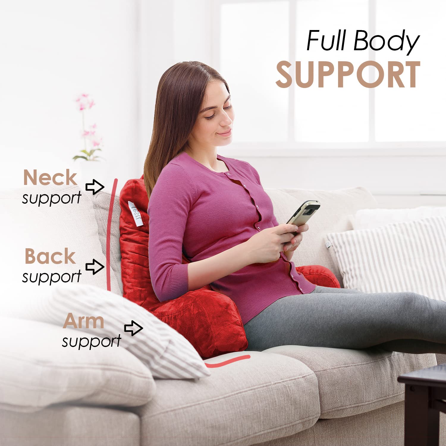 Nestl Reading Pillow - Shredded Memory Foam Back Support Pillow for Sitting in Bed, Reading, or Relaxing - Cherry Red Bed Chair Pillow with Pockets - Perfect for Reading, Watching TV, or Lounging in Bed