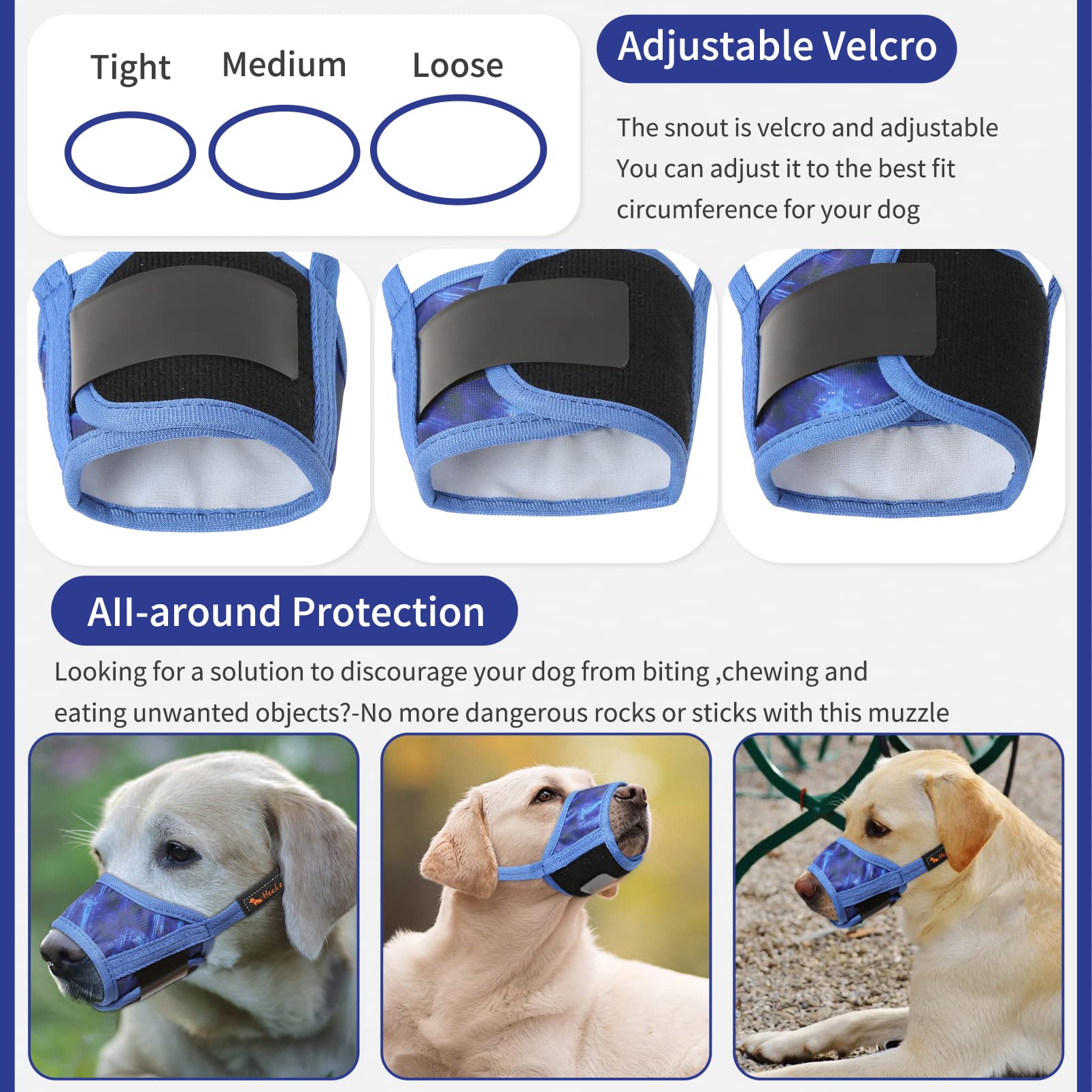 HEELE Soft Nylon Dog Muzzle for Small Medium Large Dogs - Breathable Adjustable Pet Muzzle to Prevent Biting Barking Chewing - Sky Blue Small Size - Perfect for Training, Grooming, and Vet Visits